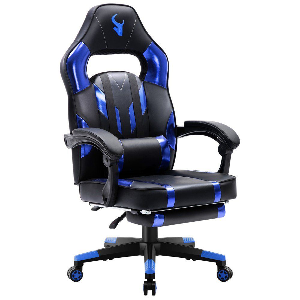 Mucola Gaming Chair Bürostuhl Chefsessel Schreibtischstuhl Sportsitz Gamingstuhl Fußstütze (Stück), Stützkissen, Ergonomisch, Geräuscharm, Fußstütze, Lendenkissen Blau