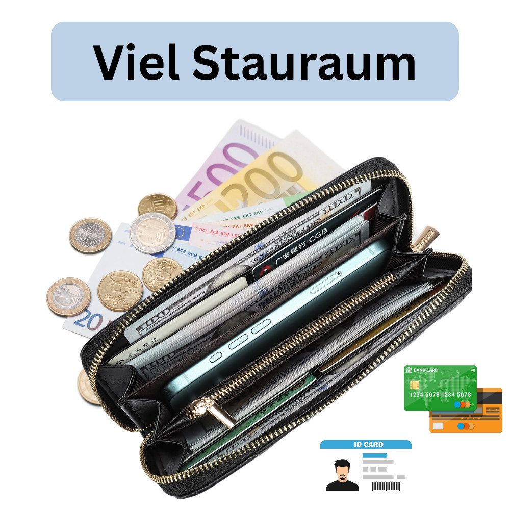 Frentree Geldbörse Damen Portemonnaie mit RFID-Schutz & Handyfach groß (12 Karten, 3 Geldscheinfächern, 1 Münzfach), für Karten, Münzen, Geldscheine, inkl. Geschenkbox