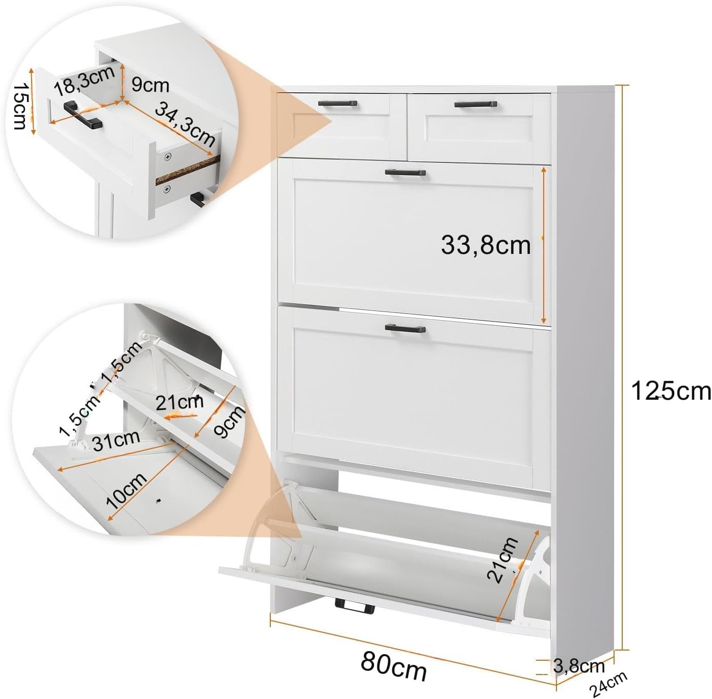 Karlhome Schuhschrank Schuhkommode mit 3 Klappen und 2 Schubladen (1-St) Schuhregal für Flur, platzsparend, 80 x 23 x 125 cm, Weiß – Bild 2 von 5