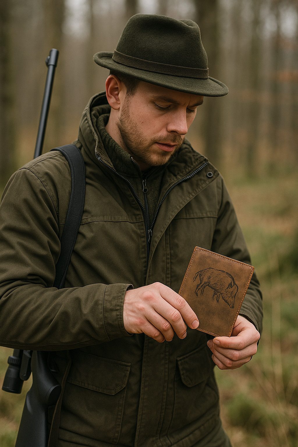 AKAH Geldbörse Jagdscheinetui "Keiler" aus echtem Antikleder – Handgemacht von Oefele