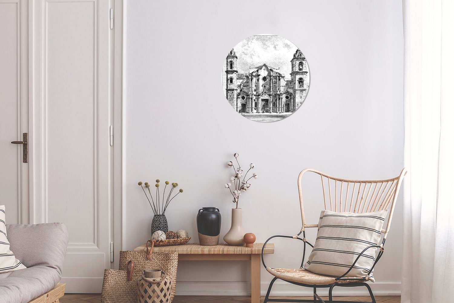 MuchoWow Gemälde Eine Schwarz-Weiß-Illustration Wanddekoration St), Forex, (1 cm Kreis 30x30 Wohnzimmer, Rundes Wandbild, von Habana Vieja