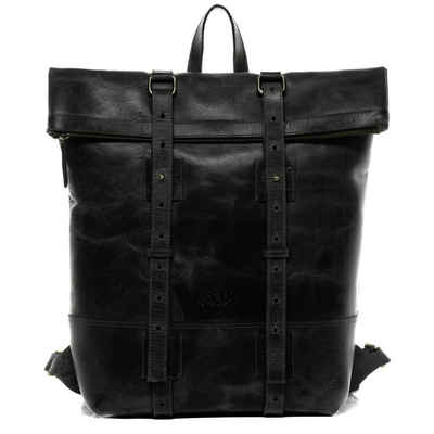 SID & VAIN Rucksack Leder Backpack Unisex CHAZ, Tagesrucksack Roll-Top Echtleder Damen Herren Vintage-schwarz