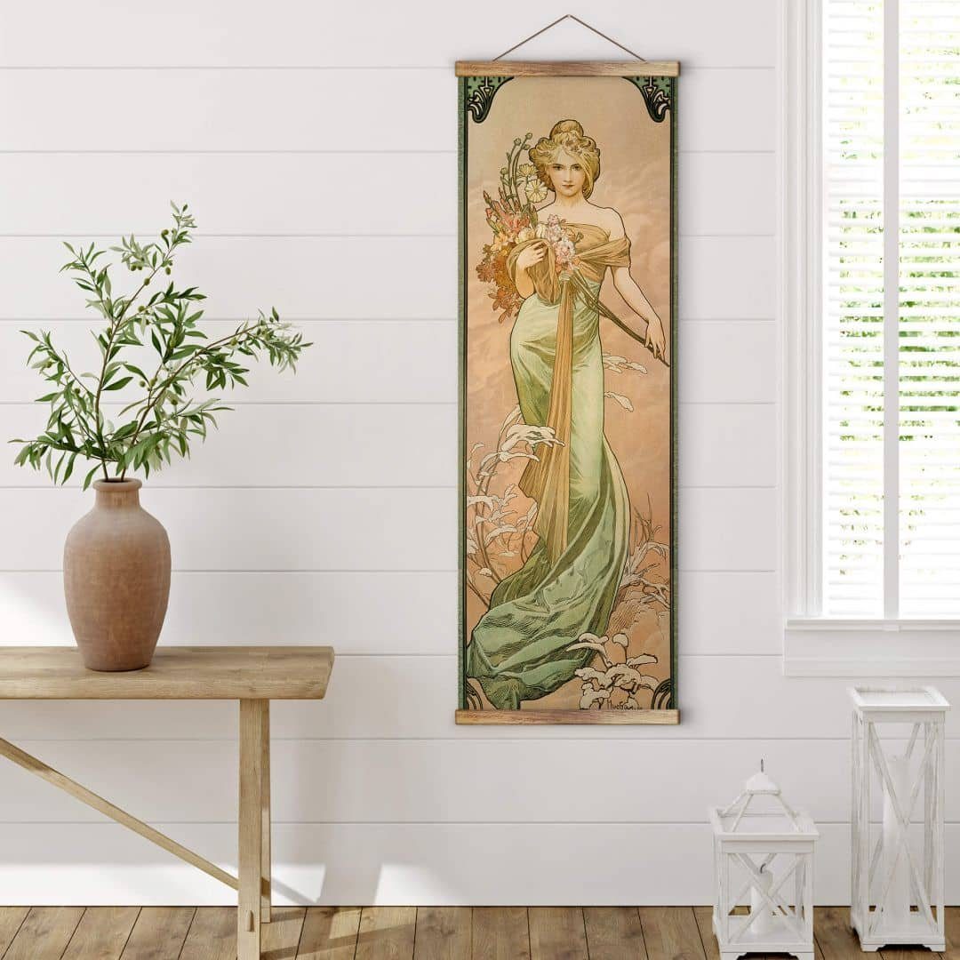 K&L Wall Art Leinwandbild Vintage Stoffbild Poster Mucha Jahreszeiten Frühling Wand-Teppich, Jugendstil Kunstdruck Banner ohne Zubehör