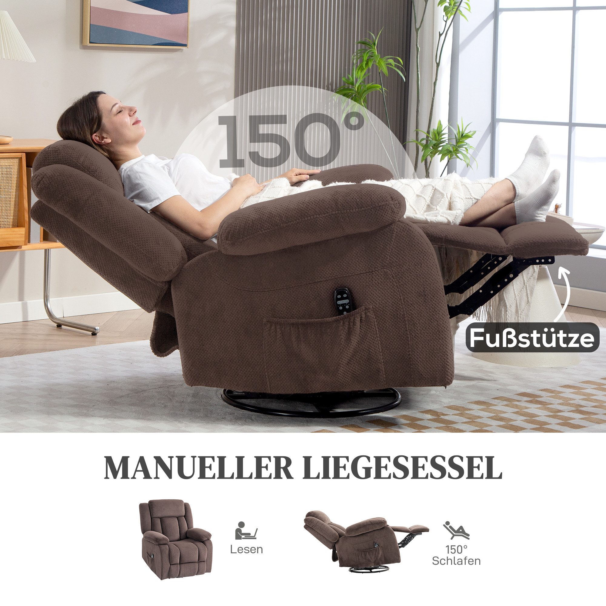 HOMCOM Massagesessel Drehbar Fernsehsessel mit Vibrationsmassage, Heizfunktion (Set, 1-St., 1), 150° Liege, 8-Punkt-Massage, Lendenwärme – Bild 5 von 5