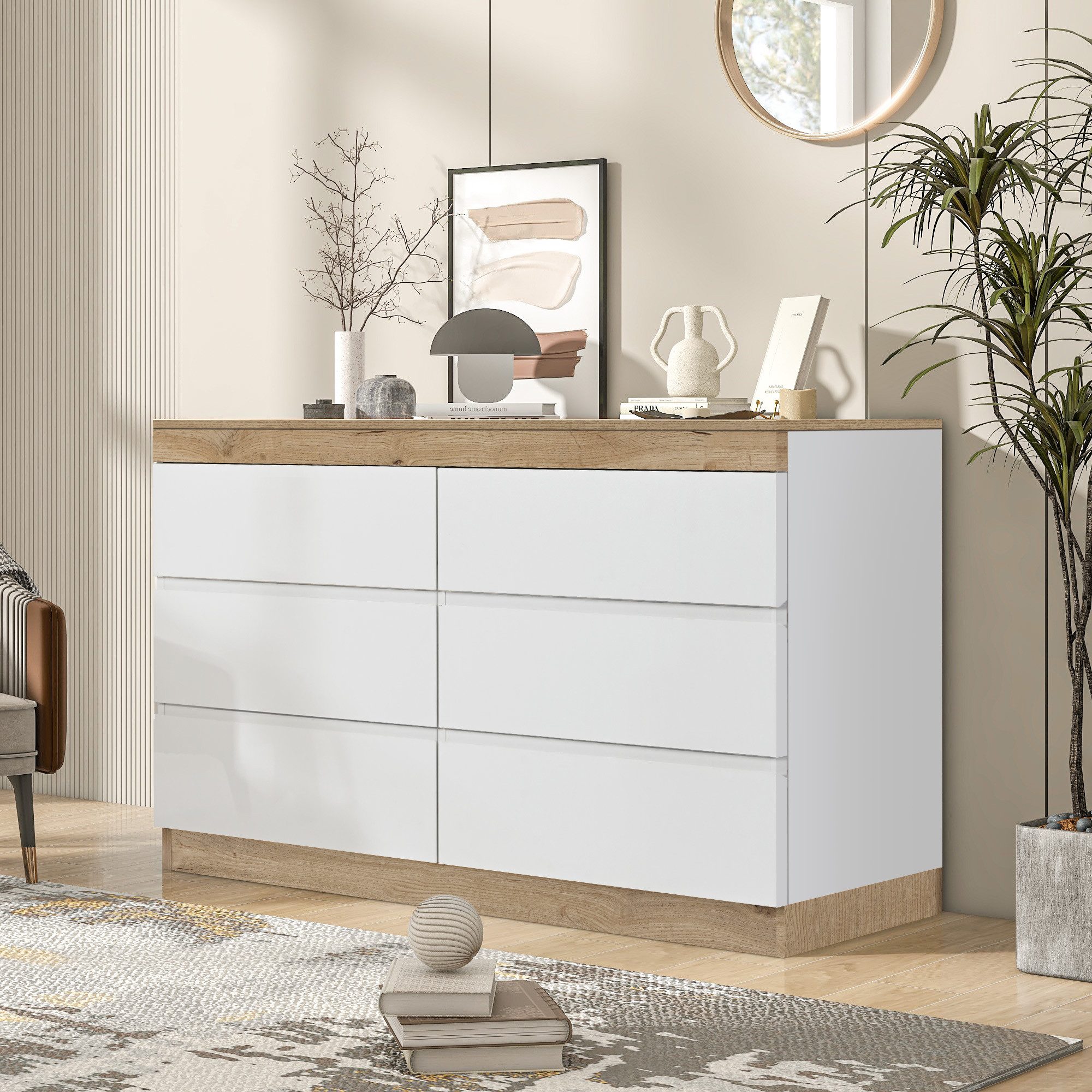 Celya Sideboard Kommode mit 6 Schubladen 110 x 40 x 67,3 cm, fü¼r Wohnzimmer und Schlafzimmer E1-Spanplatte WeiB