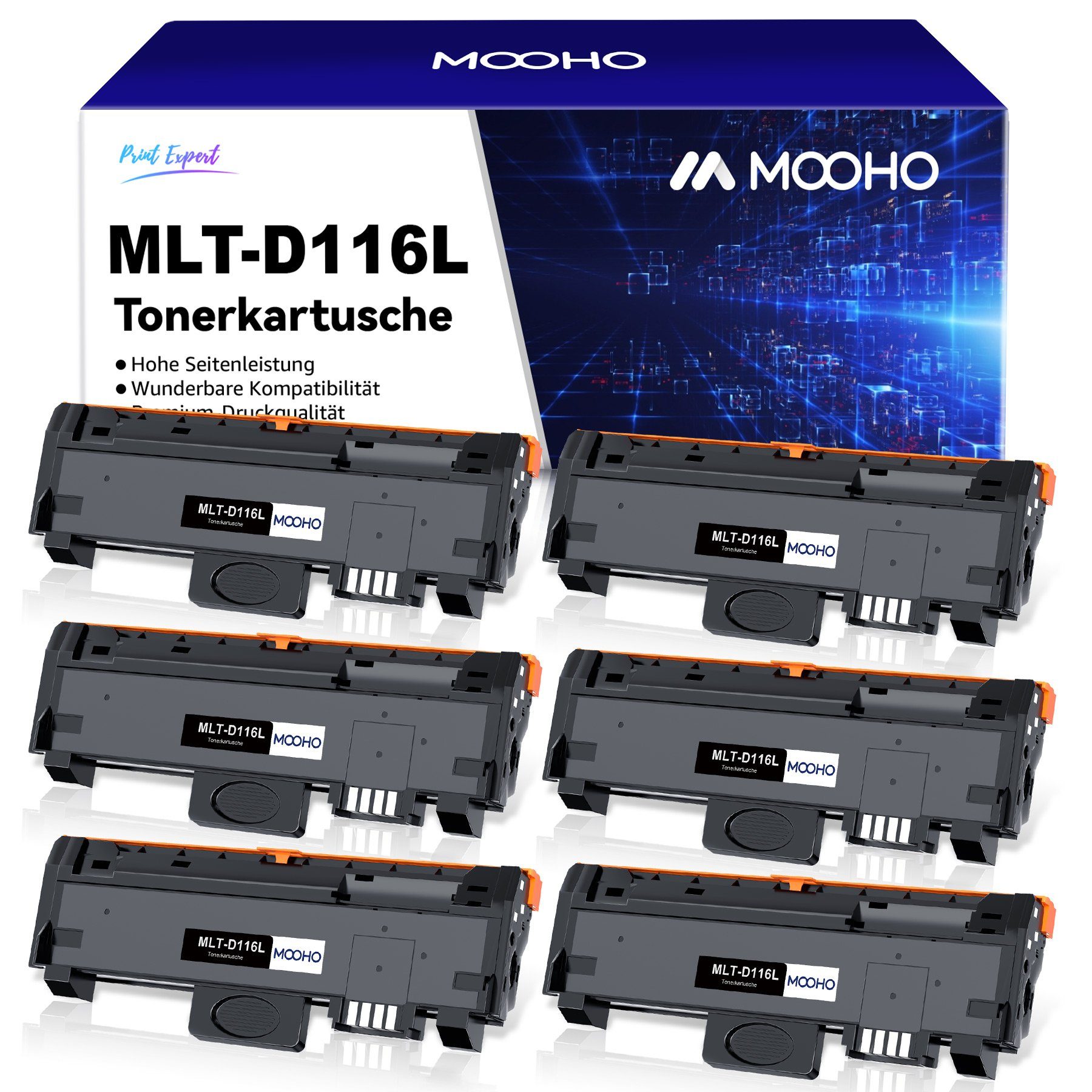 MOOHO Tonerpatrone MLT-D116L MLT-D116S, (6-St), Kompatibel für M2885FW M2825DW M2675 M2825 M2835 M2875 M2885 6x Schwarz | Tonerpatronen