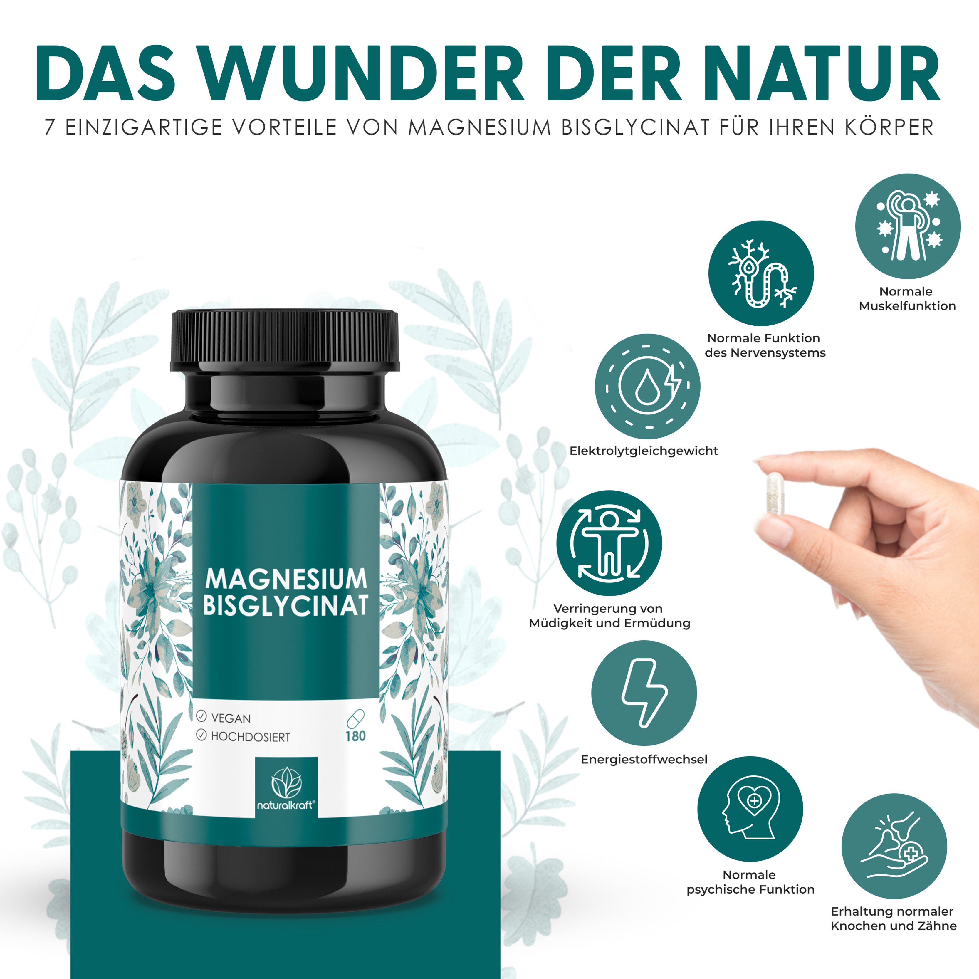 Naturalkraft Magnesium Bisglycinat Kapseln 2400 mg hochdosiert 180 Kapseln - Vegan Kapseln, 165 g