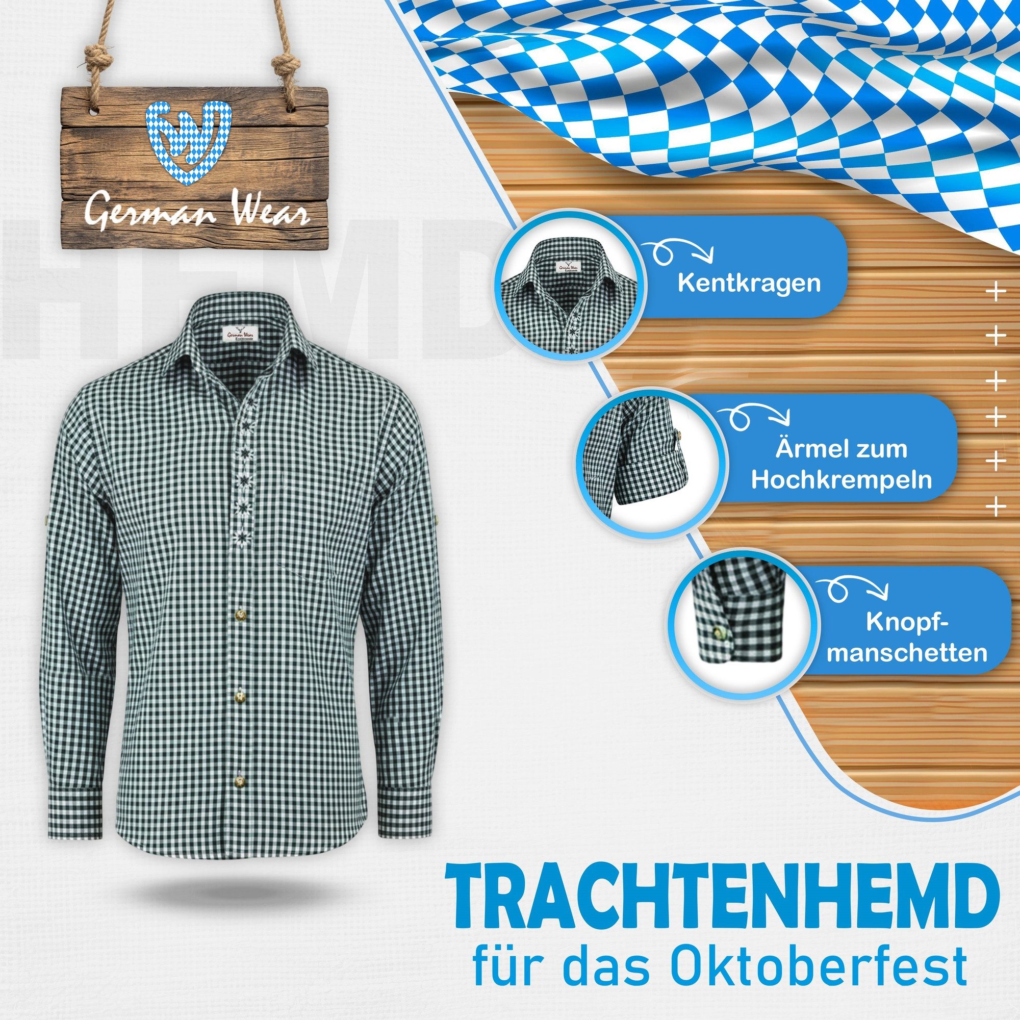 German Wear Trachtenhemd GW120x-EW Trachtenhemd für Trachtenlederhose mit Edelweiß-Stickerei karo