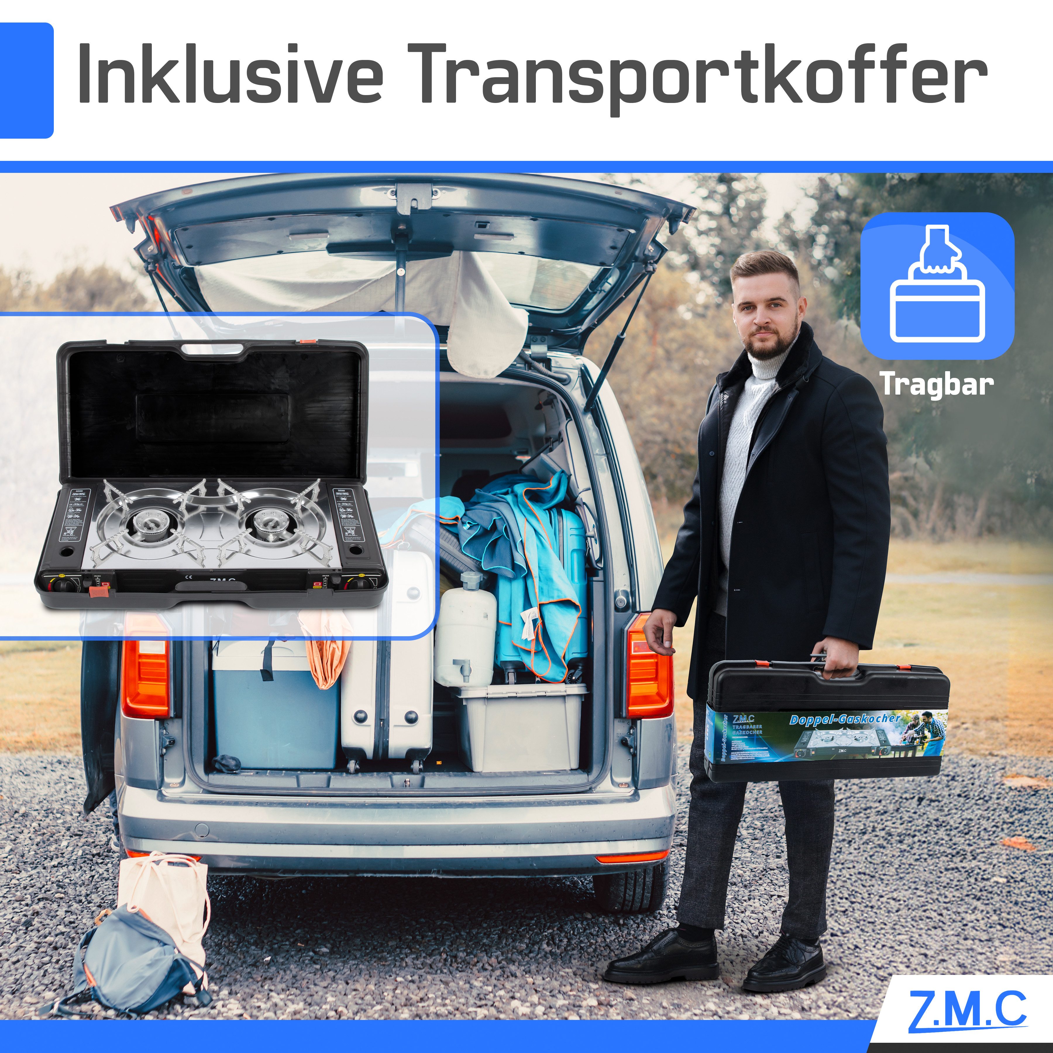 ZMC Gaskocher Doppel Kartuschenkocher Gaskocher 2 Flammig + 8x Gaskartuschen 227g, (MSF-1a automatische Piezo-Zündung (elektrisch) Herd Butangas, MSF-1a automatische Piezo-Zündung (elektrisch) Herd Butangas), Outdoor Gas Campingkocher 2Fach Gasherd Ofen Butan Kochfeld Gas Kocher