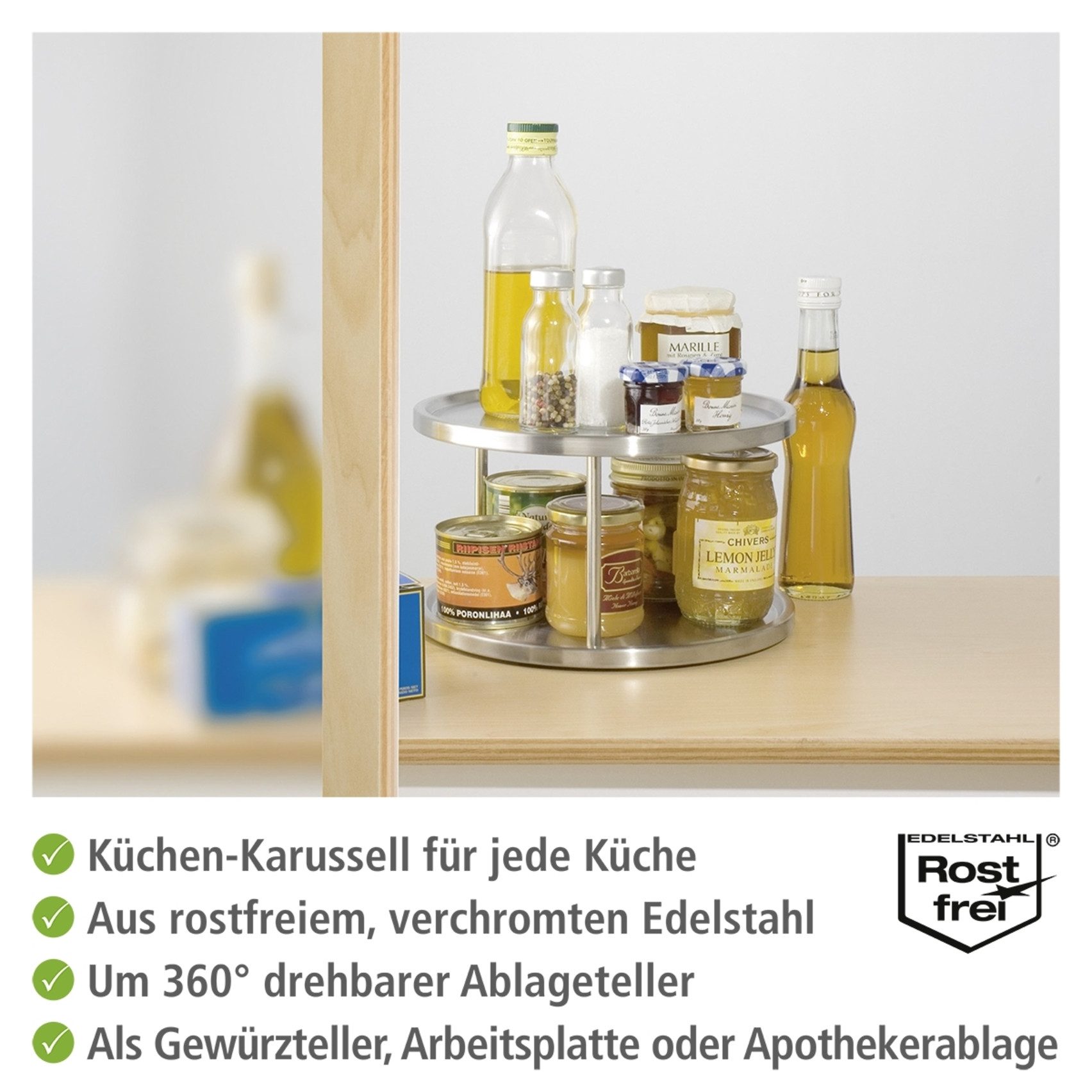 WENKO Küchenkarussell Modell Duo, drehbares Schrankrondell, 2 Etagen, für Gewürze und Vorräte, Edelstahl