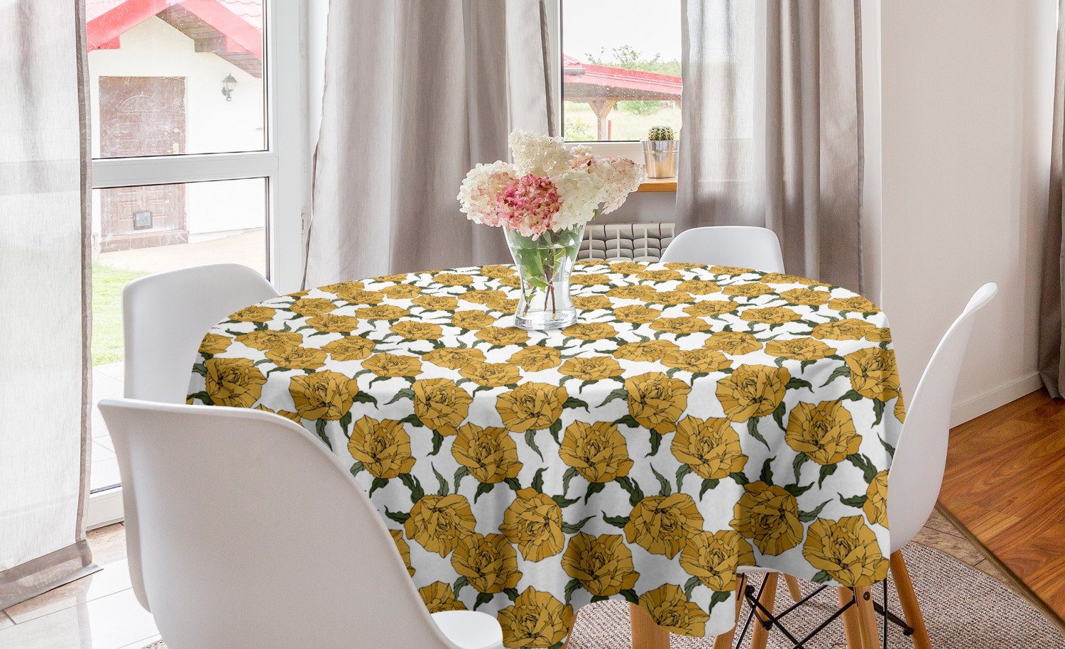 Abakuhaus Tischdecke Kreis Tischdecke Abdeckung für Esszimmer Küche Dekoration, Floral Gelb Bloomed Wild Roses