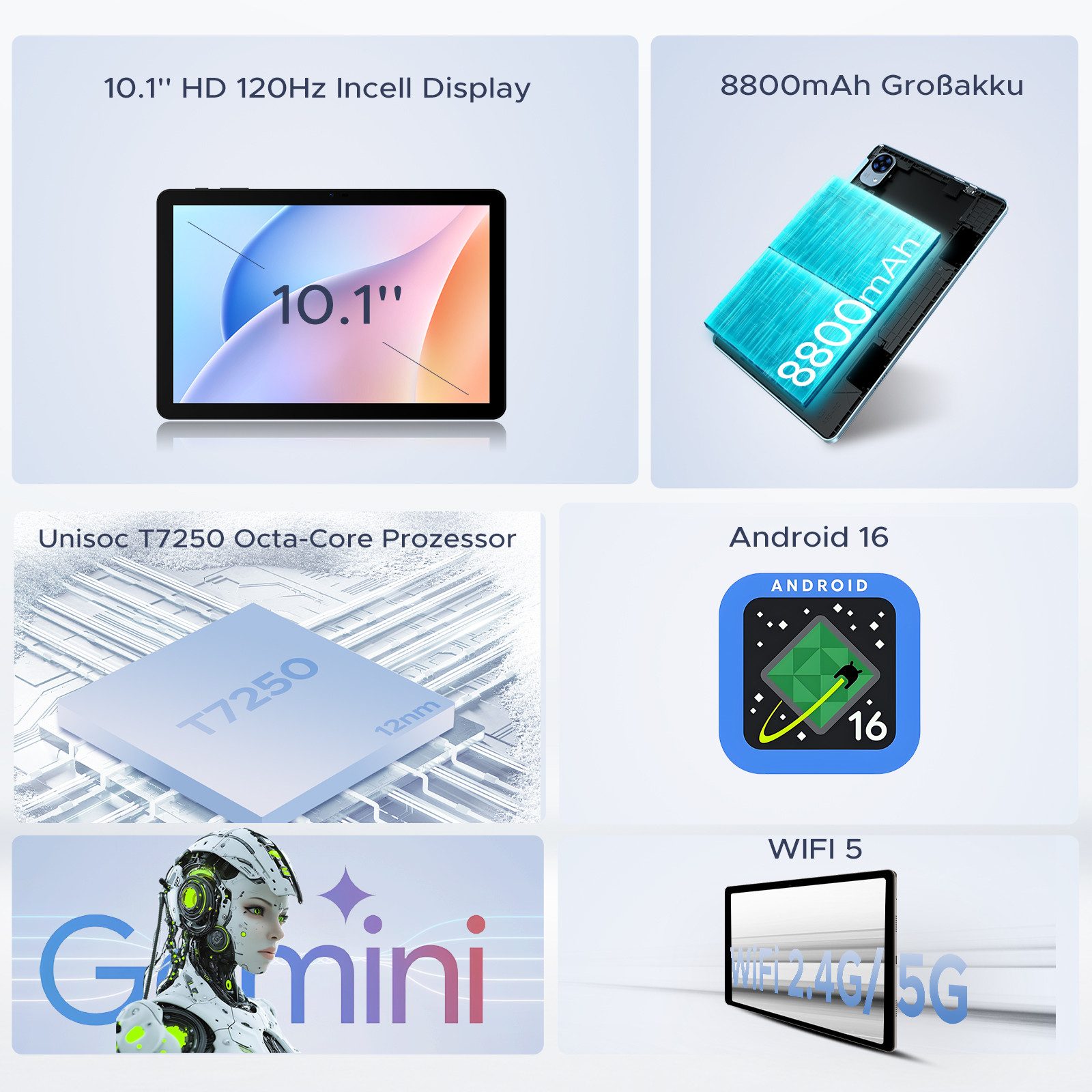 Aorlym P10 Pro Tablet Android 16 10 Zoll, mit Tastatur, 120Hz, 8800mAh, 13MP Tablet (10.1", 8 GB, Android 16, Gemini AI, Octa Core T7250, 128GB ROM, Face ID/GPS/FM, 3,5mm Buchse)