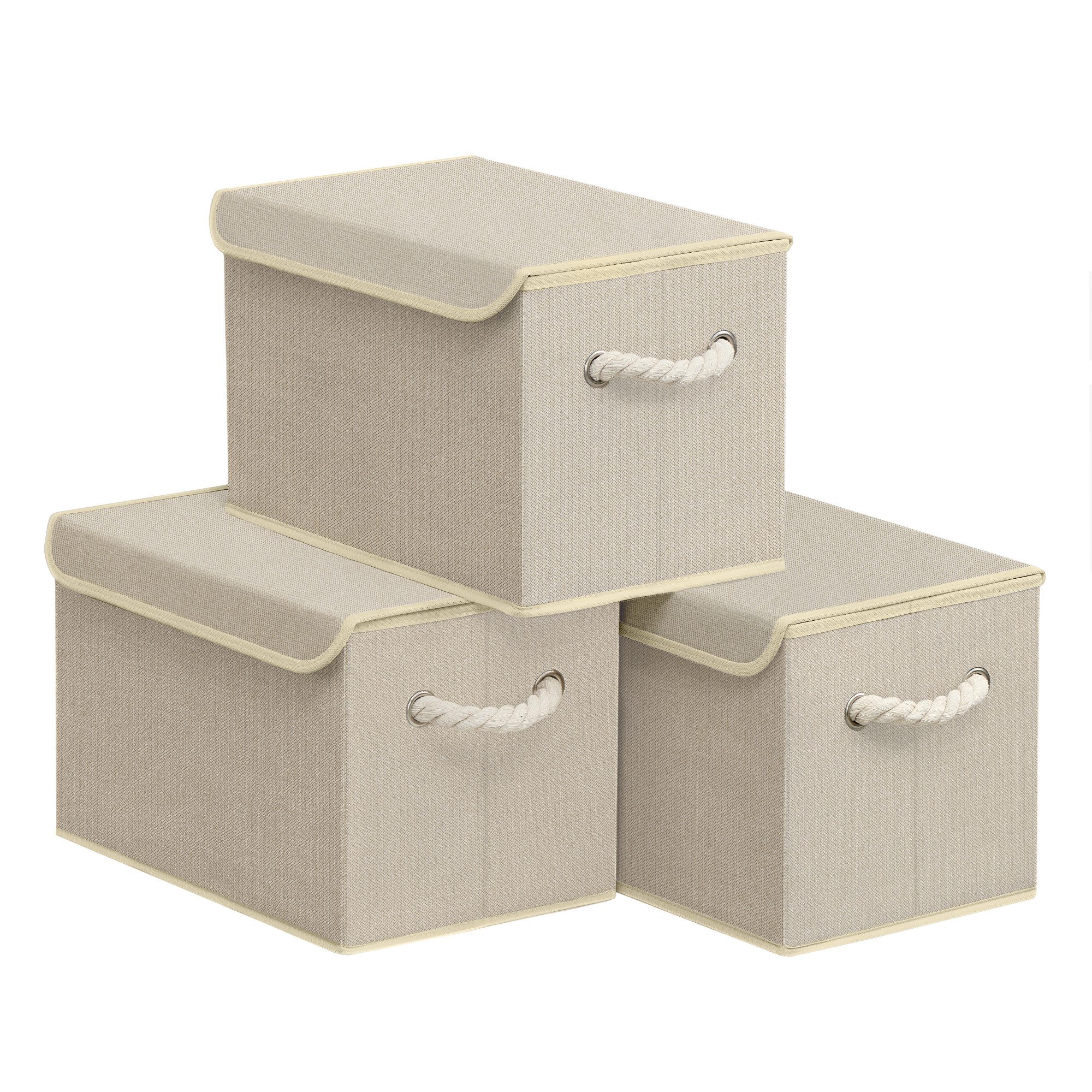 SONGMICS Aufbewahrungsbox mit Deckel, 3er Set, klappbar, Stoffboxen, Aufbewahrung, Organizer, Kleiderschrank, Griffe, 38 x 25 x 25 cm