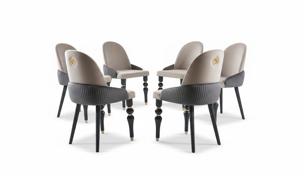 JVmoebel Stuhl Elegante Stühle in Beige-Grau aus Samt und Holz für Esszimmer (6 St), Made in Europa