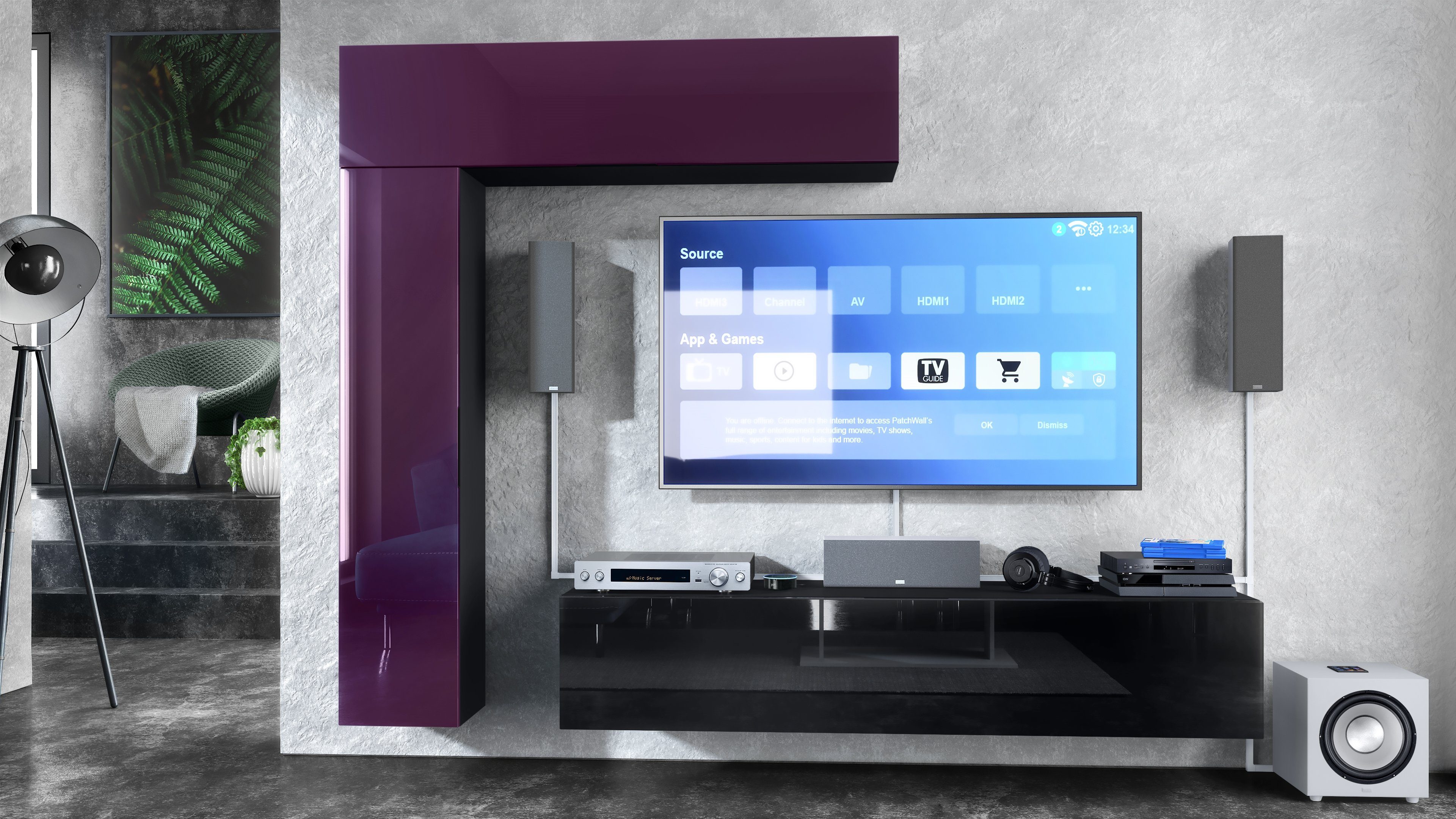 Vladon Wohnwand Taurito, (Anbauwand, mit Rückwand mit 2 Klappen und 1 Schrank), Schwarz matt/Brombeer Hochglanz (320 x 182 x 39 cm)