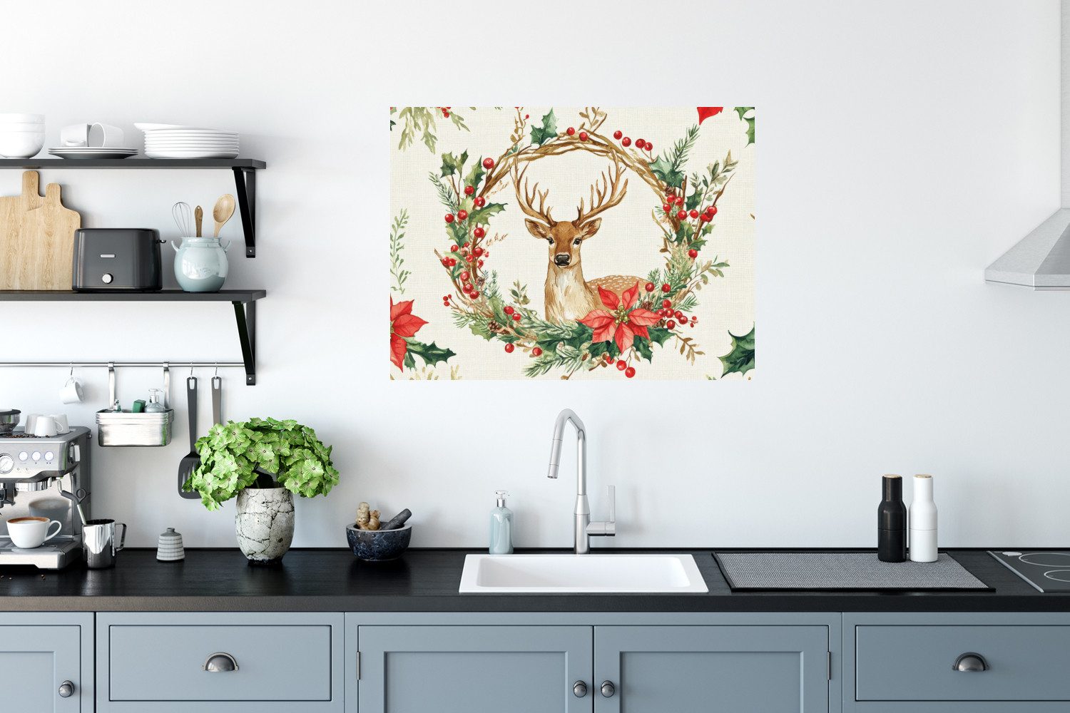MuchoWow Wandsticker Weihnachtskranz - Hirsch - Stechpalme - Rot (1 St), Wandtattoo, Selbstklebend, Wohnzimmer, 80x60 cm