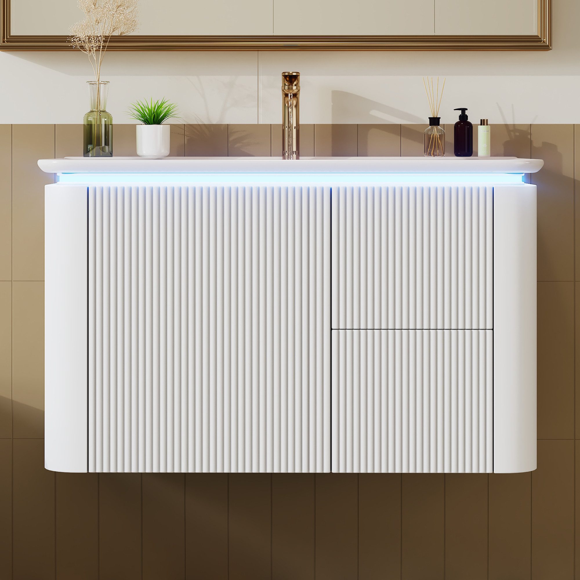 Flieks Waschtisch LED-Radarsensor Waschbeckenunterschrank inkl. Waschbecken (wandhängend, Badschrank mit Led-Beleuchtung Waschplatz Badzimmer, 1-St., B80,5xT47, – Bild 4 von 5