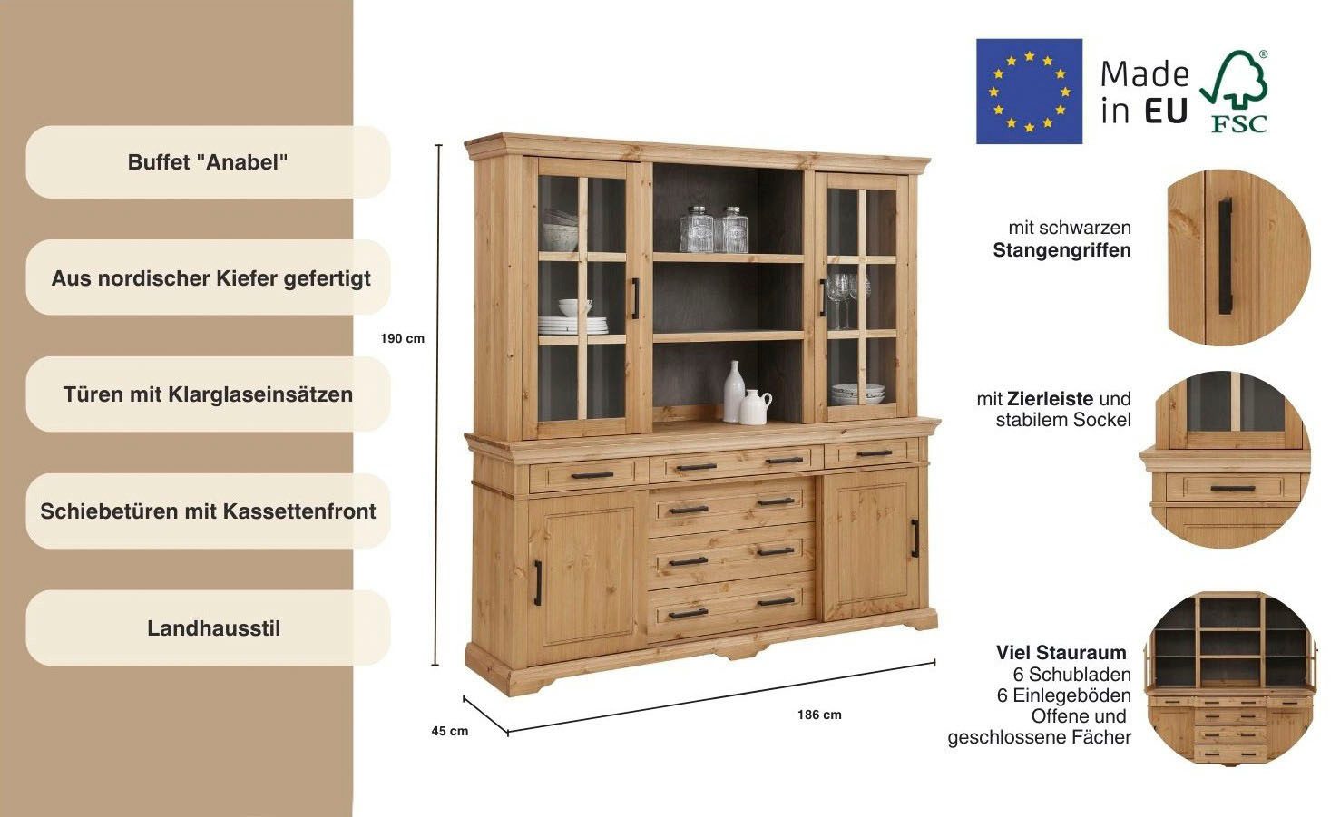 OTTO home Buffet Anabel, mit Glastüren und Metallgriffen Buffet aus massiver Kiefer, FSC®, mit Schiebetüren, B/H 186/190 cm