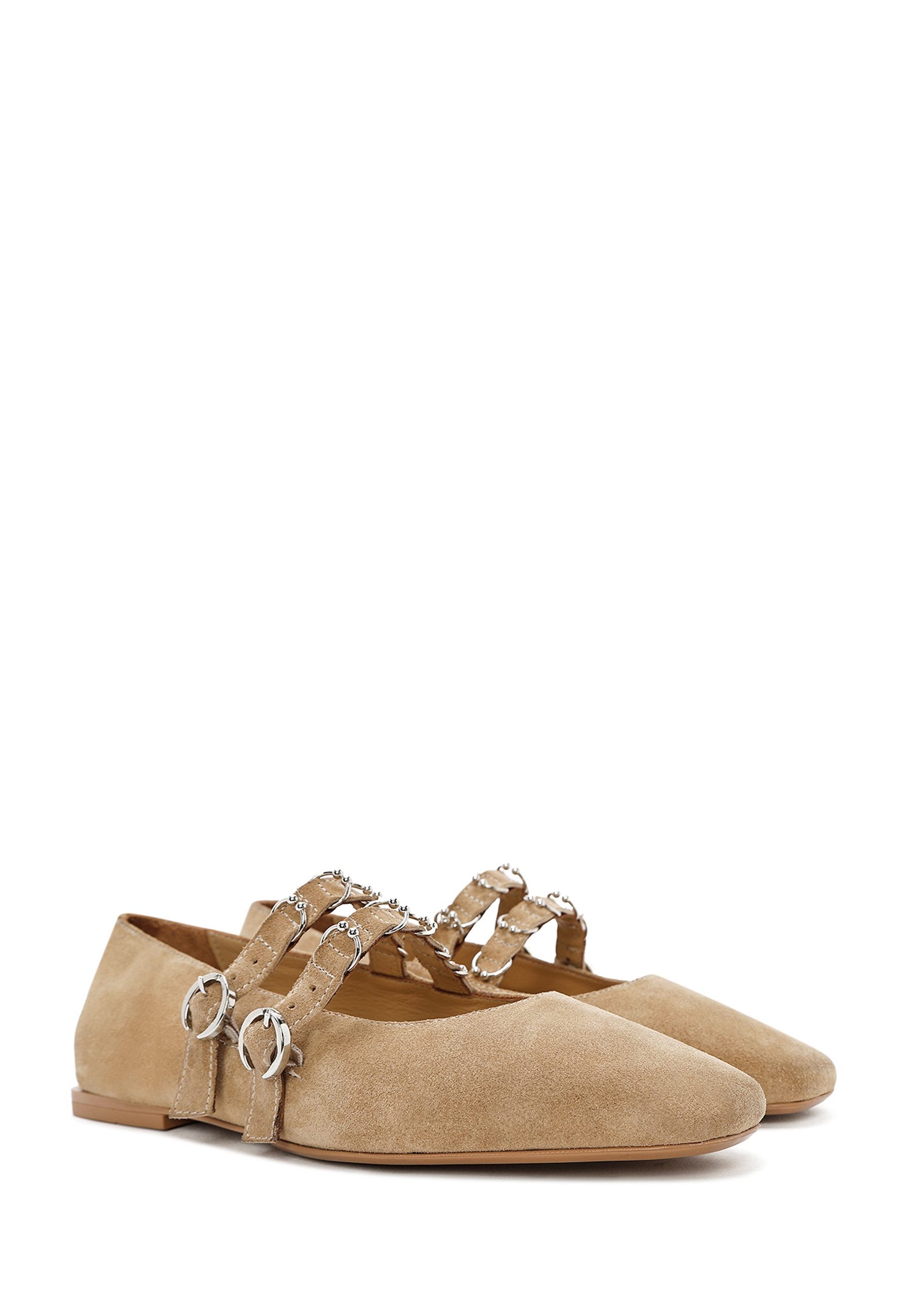 Derimod Ballerinas aus Veloursleder Ballerina Wildleder, Lederfutter, TPU-Sohle, Schnallenriemen, Spitze Zehenkappe