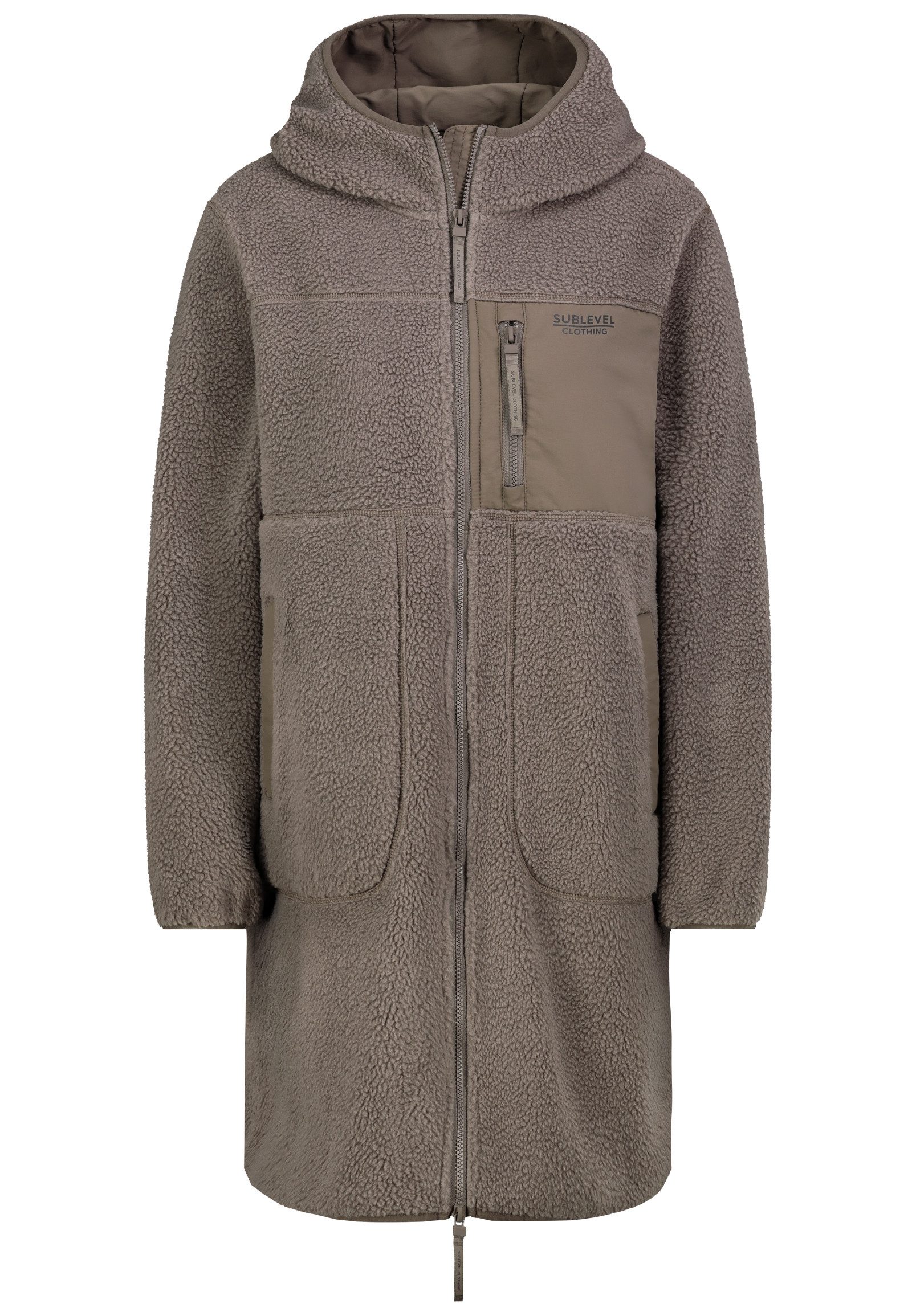 SUBLEVEL Fleecejacke Damen Fleecemantel mit Kapuze Kontrastdetails, Brusttasche, Flatlocknähte