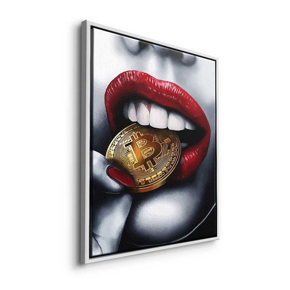 DOTCOMCANVAS® Leinwandbild Bitcoin schwarzer girl Münze Girl, Bitcoin mit Crypto Erotik Lippen elegant Leinwandbild rote Rahmen