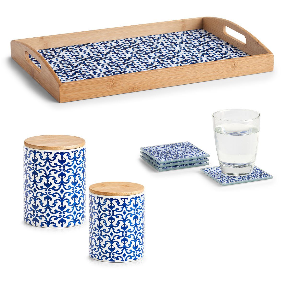 10 x cm Present Glasuntersetzer-Set, Glas, Glasuntersetzer "Marokko", 10 4-tlg. blau/weiß, Zeller
