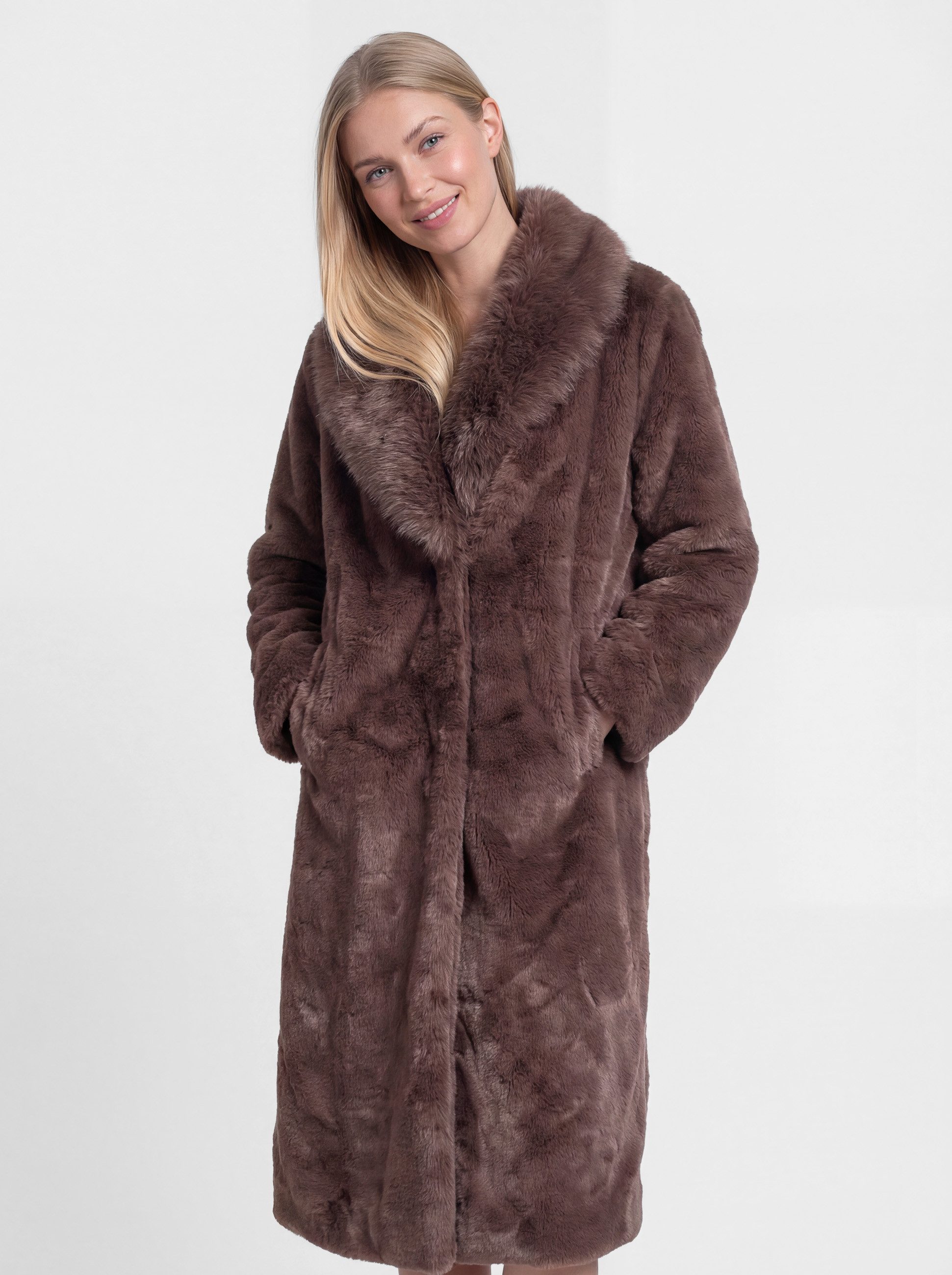 PEKIVESSA Wintermantel Flauschiger Midi-Mantel aus Fellimitat mit elegantem Schalkragen
