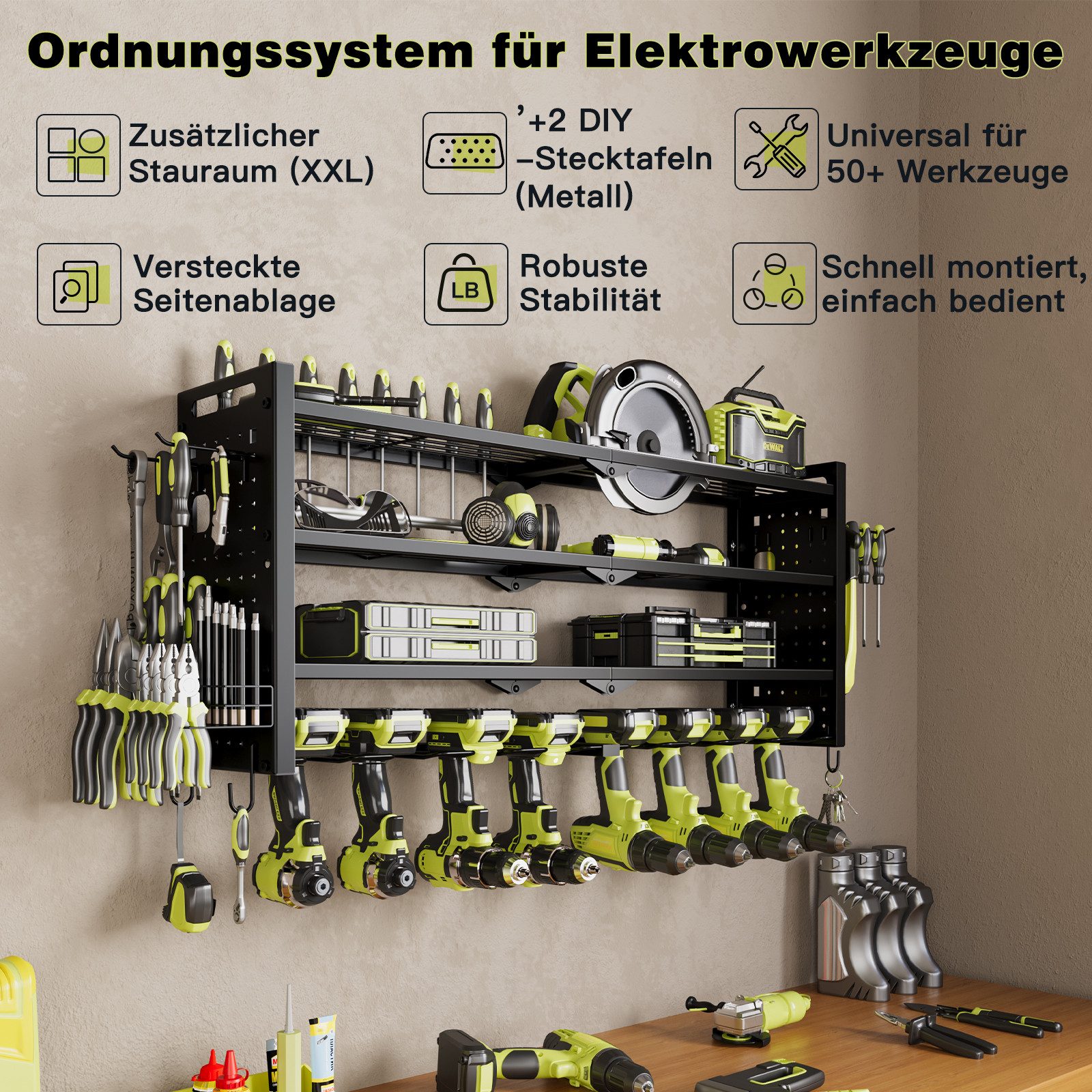 FABATO Werkzeughalter Regal für Werkzeug, 4-Ebenen Werkzeug-Wandhalterung mit 8 Akku-Haltern, mit 3 festen und 1 verstellbaren Ebenen, einfach zu montieren