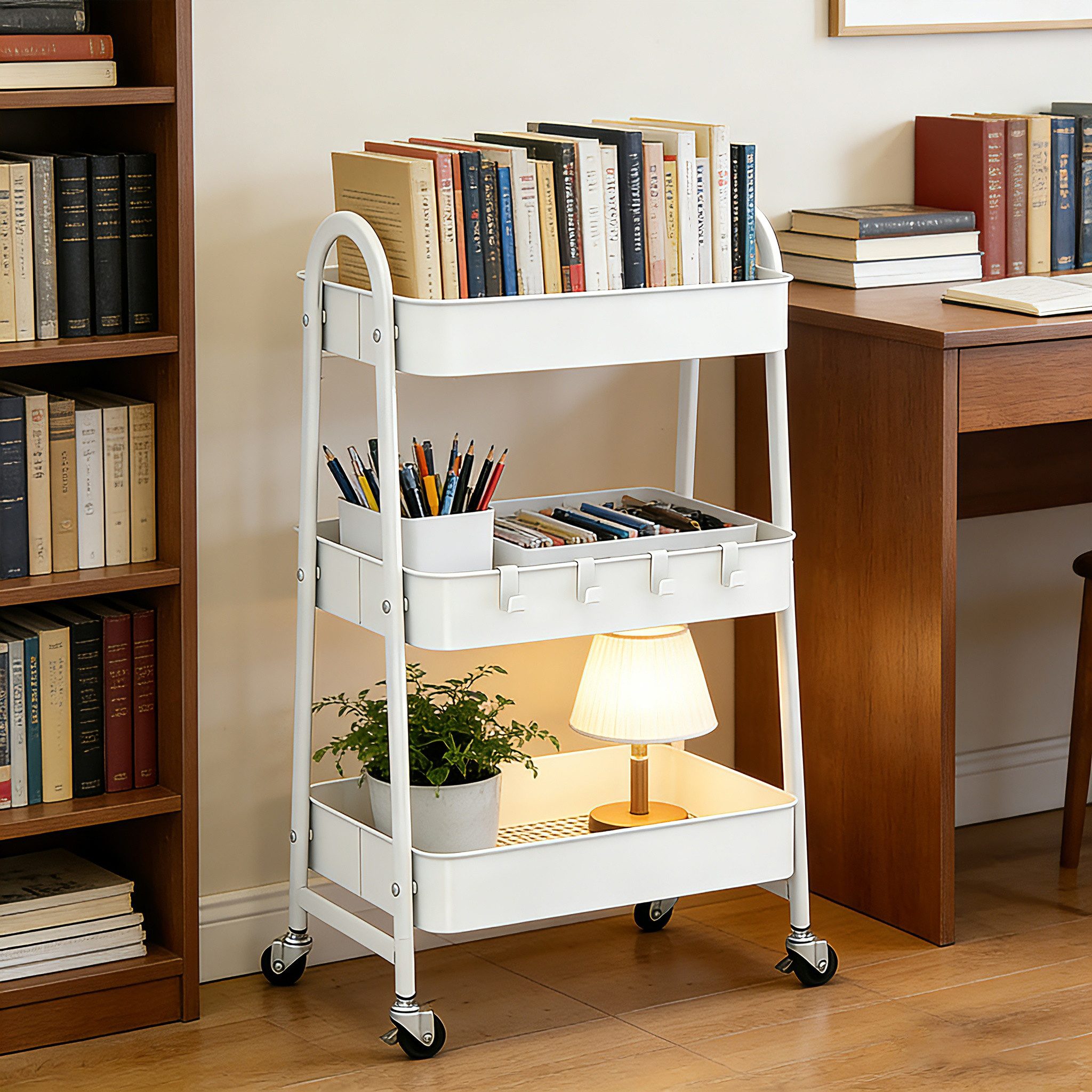 Sekey Rollwagen Servierwagen Edelstahl 3 Ebenen auf Rollen mit 2 Körben & 4 Haken, Küchenwagen aus Metall, 30,6 x 44,2 x 77,7cm