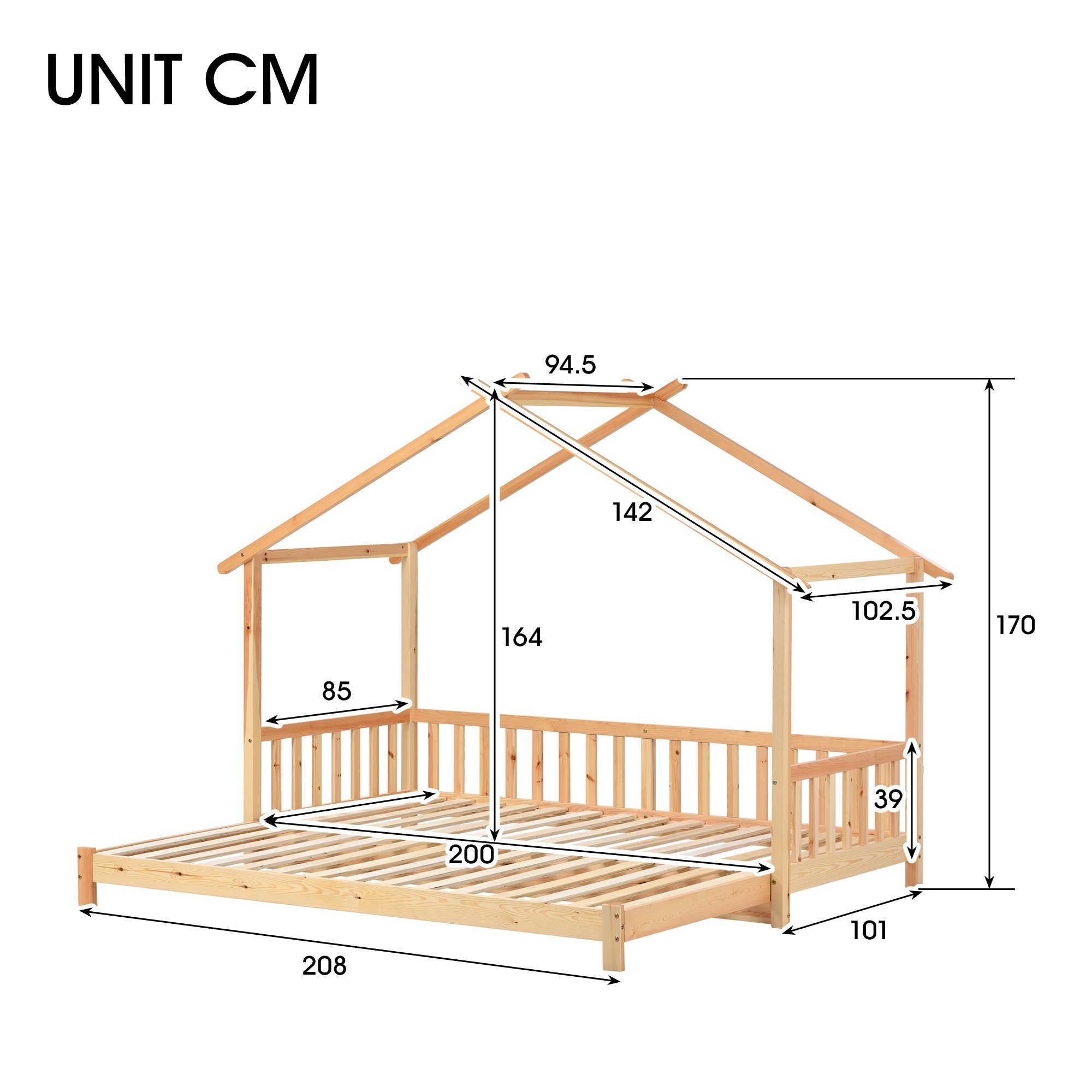 Merax Hausbett aus Rausfallschutz, Kinderbett Massivholz Ausziehbett,Einzelbett/Doppelbett, mit 90x200cm/180x200cm