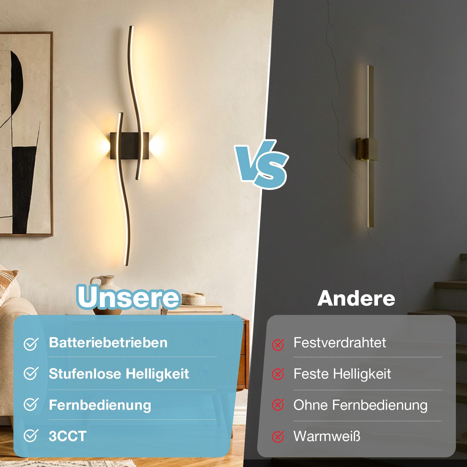 Lapalife Wandleuchte Innen Akku Wandlampe Dimmbar mit Fernbedienung, Kabellose,Timer, Wandleuchte für Wohnzimmer Schlafzimmer Flur Treppen, 100CM – Bild 5 von 5