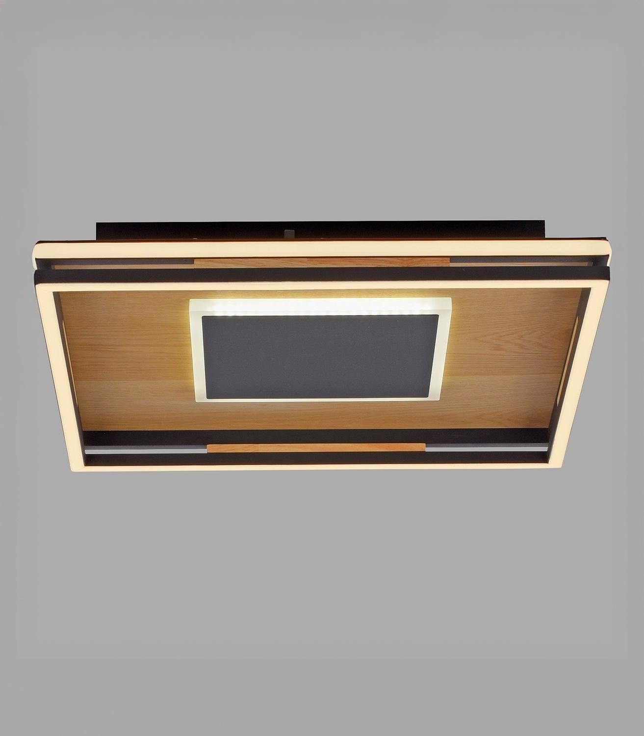 Paul Neuhaus LED Deckenleuchte FAMERA, Braun, Schwarz, Holzfurnier, Metall, Anpassung der Farbtemperatur, Dimmbar, LED fest integriert, Extra-Warmweiß, Neutralweiß, mit Fernbedienung, Memoryfunktion, B 45 x H 8 x T 45 cm