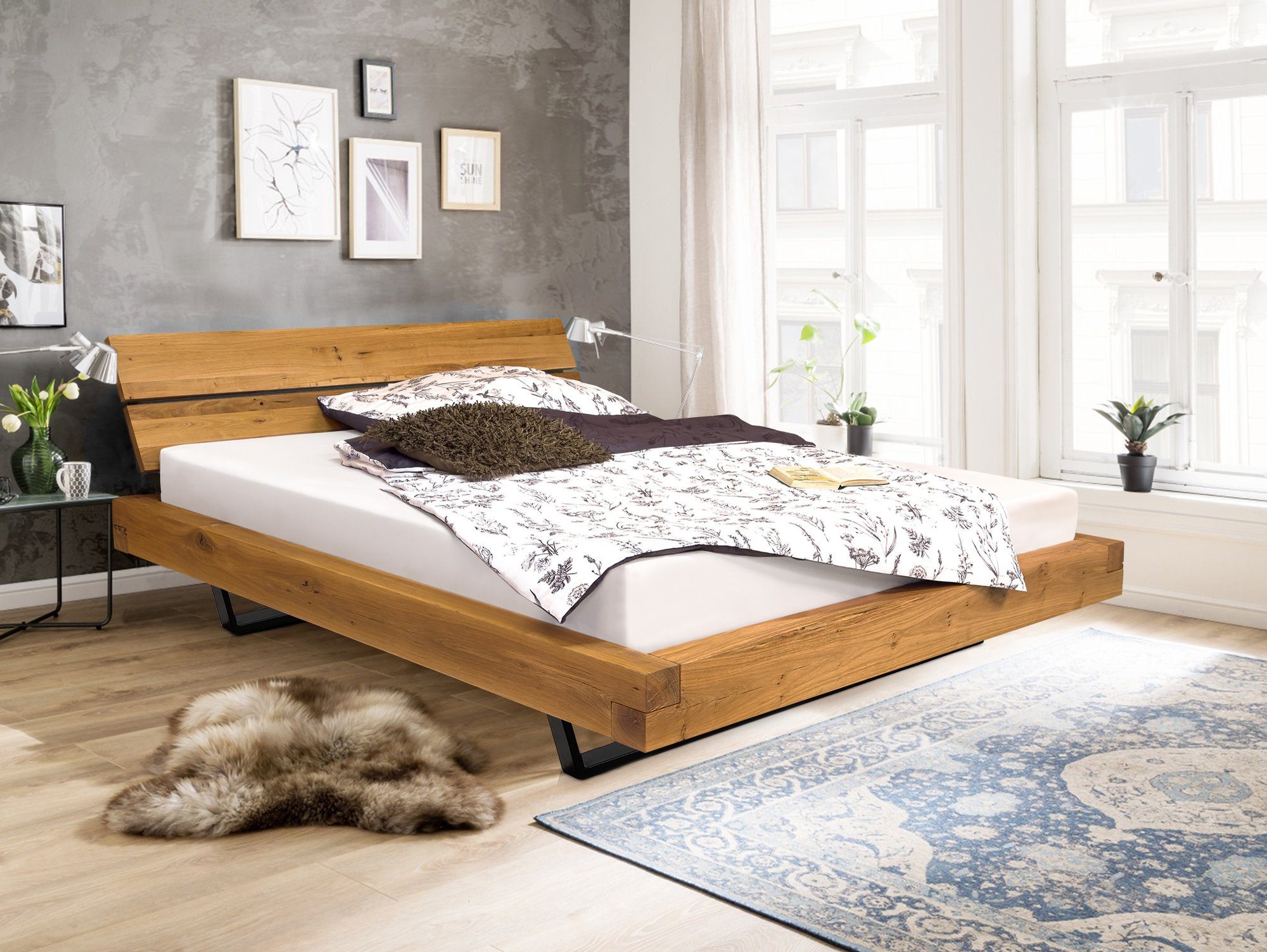 Moebel-Eins Massivholzbett, LIAS Balkenbett mit Kopfteil, Kufenfuß, Material Massivholz Eiche