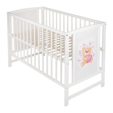 Babyhafen Babybett Kinderbett Teddybär - Herzen Rosa 60 × 120 cm mit Matratze, Made in Europe