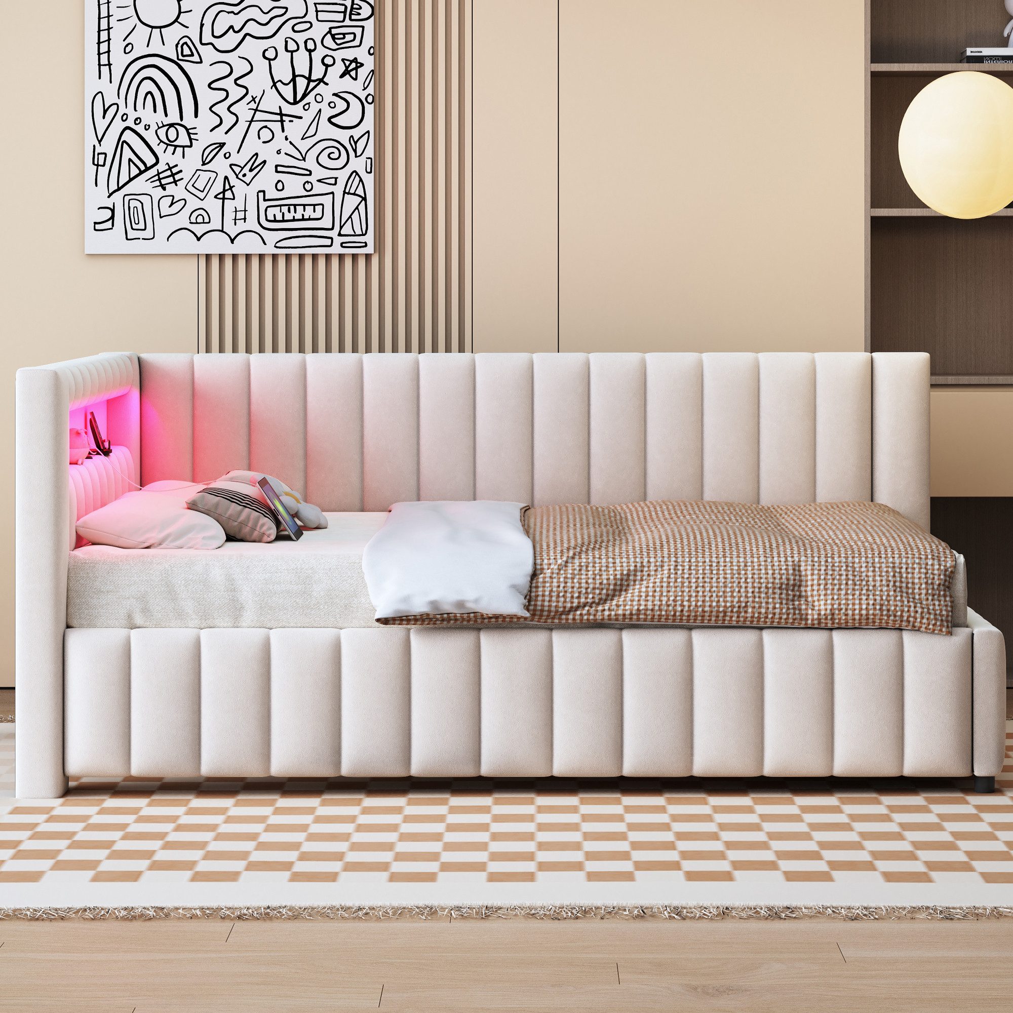 MODFU Polsterbett Daybett Tagesbett Polsterbett Doppelbett Kinderbett Gästebett (mit LED-Licht, USB-Anschluss, Rückenlehne und stabilem Rahmen, für Schlafzimmer & Gästezimmer, 140x200 cm), Ohne Matratze