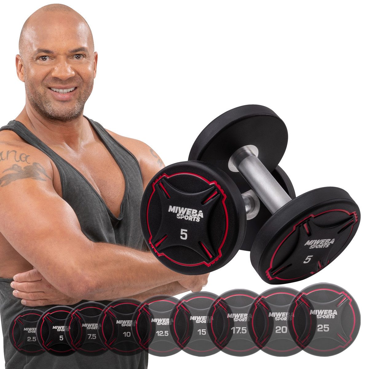 Miweba Sports Kurzhantel Profi Kurzhantel Set RH100 - 9 Gewichtsklassen, (2er-Set, Krafttraining, Workout, Training, Sport, Ganzkörpertraining), Fitness Hantel Kurzhantel Set Fitnesshanteln Hantelgewichte Gewichte