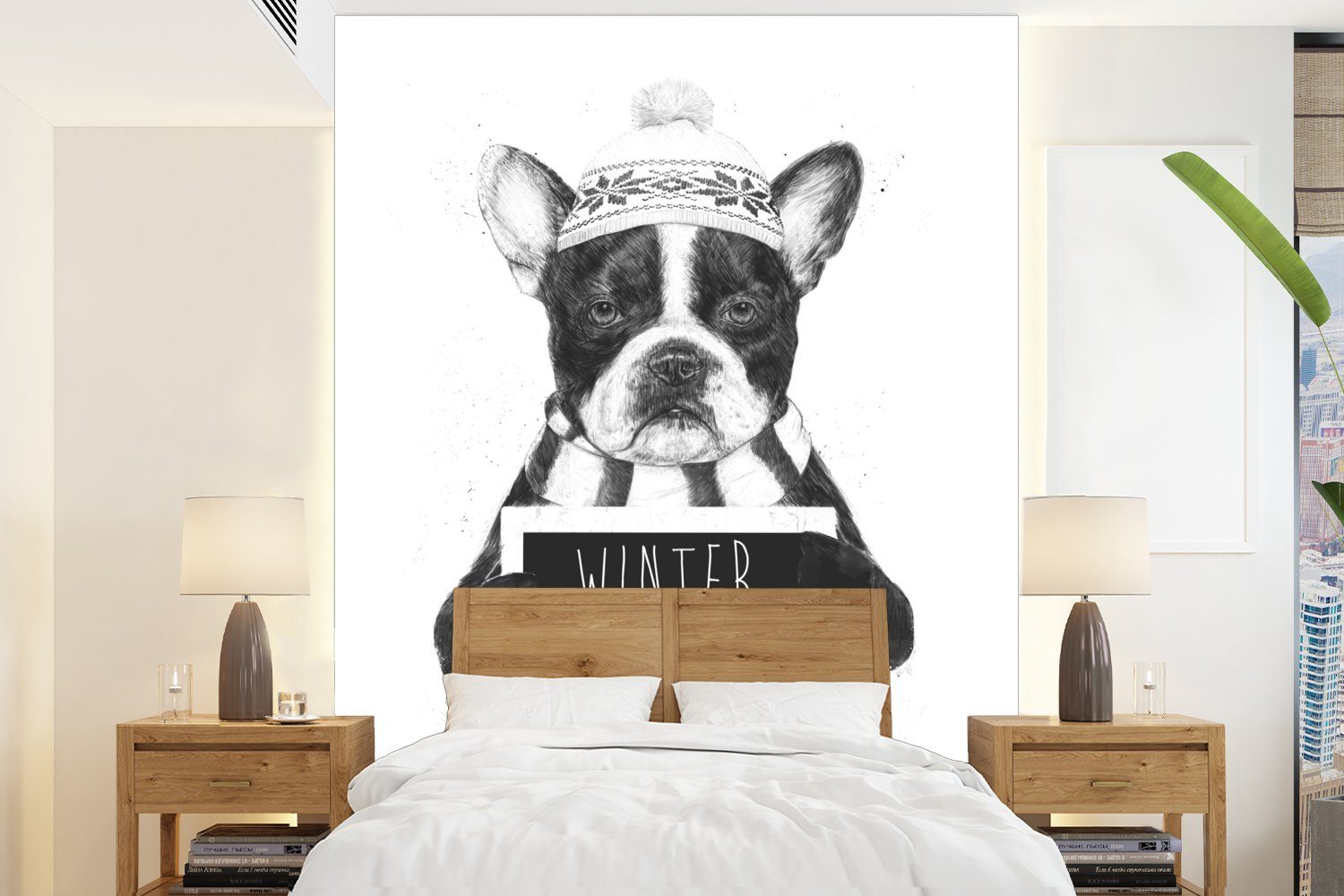 MuchoWow Fototapete Hund - Winter - Zitat - Mütze, Matt, bedruckt, (4 St), Montagefertig Vinyl Tapete für Wohnzimmer, Wandtapete