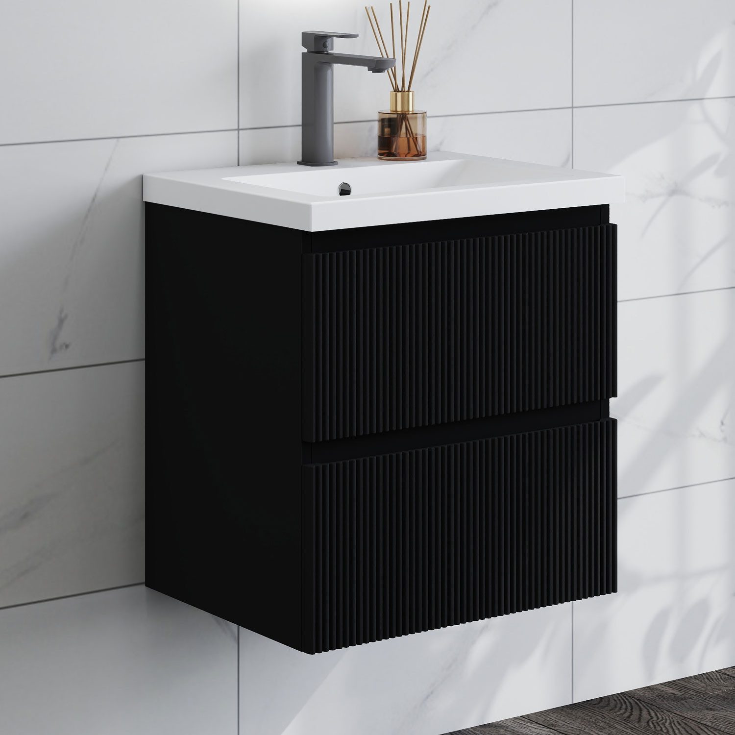 duschspa Waschtisch Waschbecken mit Unterschrank Badmöbel Set Hängeschrank, Weiß/Schwarz, 50-120 cm