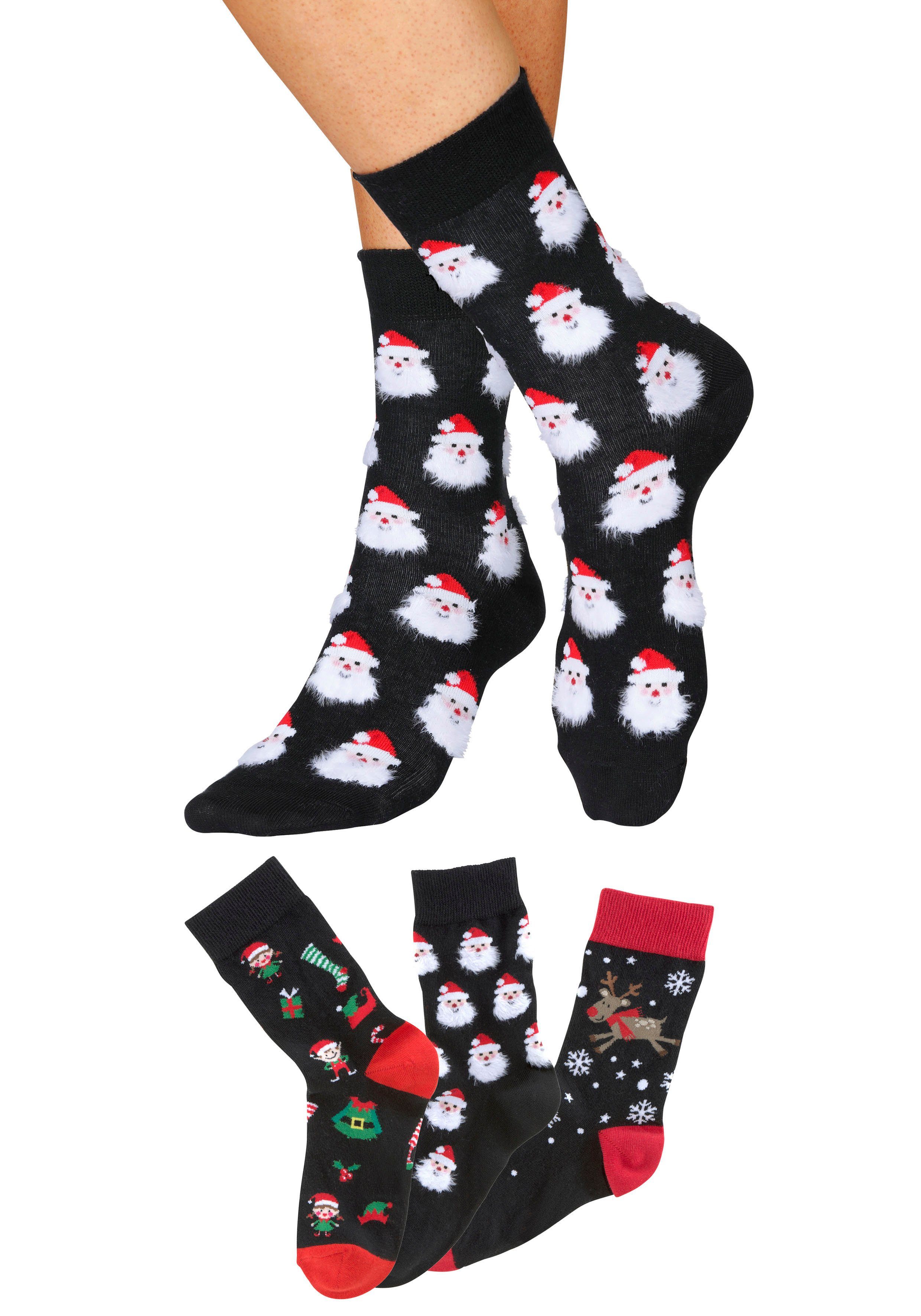 H.I.S Socken Weihnachten lustige Socken für Damen, Atmungsaktiv (Packung, 3-Paar, Crew Socken) mit lustigen Weihnachtsmotiven