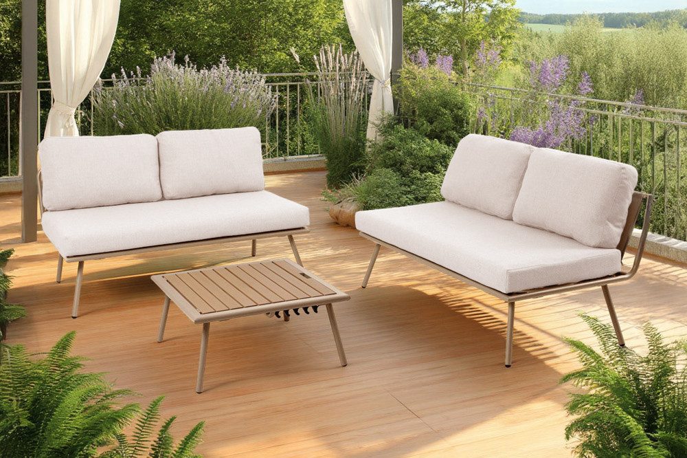 riess-ambiente Gartenlounge-Set MOBILE MODULAR greige – 2 Sofas mit Tisch & Kissen, modulares Design, (Set, 3-tlg), flexible Terrassenmöbel, wetterfest, moderne Outdoor-Sitzgruppe