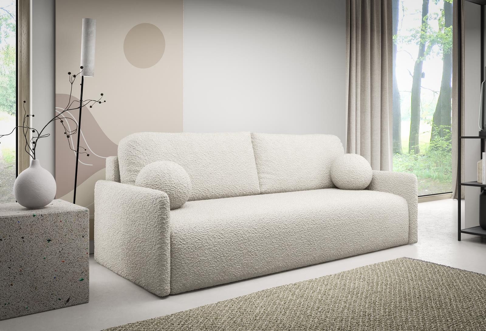 Compleo Schlafsofa kleine mit Bettkasten STYLO, Polstersofa, Breite: 206 cm, Modern Couch, Bouclé-Stoff