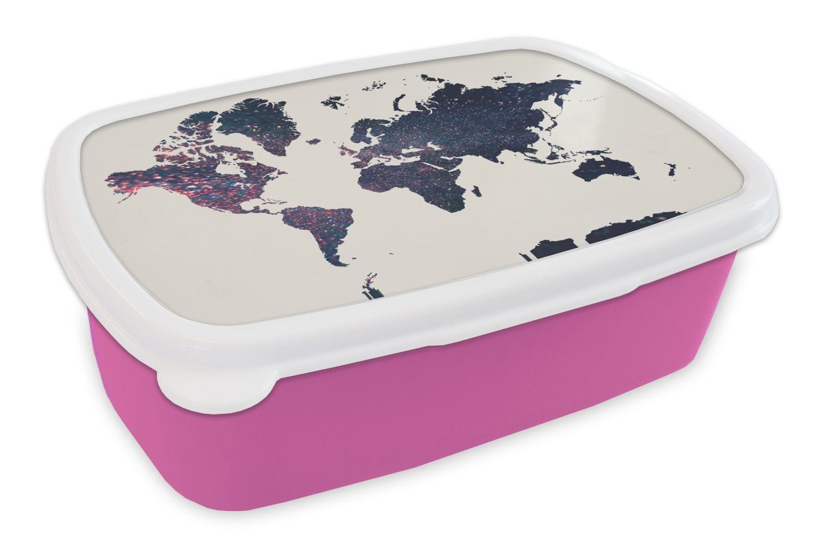 MuchoWow Lunchbox Weltkarte - Blau - Glitter, Kunststoff, (2-tlg), Brotbox für Erwachsene, Brotdose Kinder, Snackbox, Mädchen, Kunststoff rosa | Lunchboxen