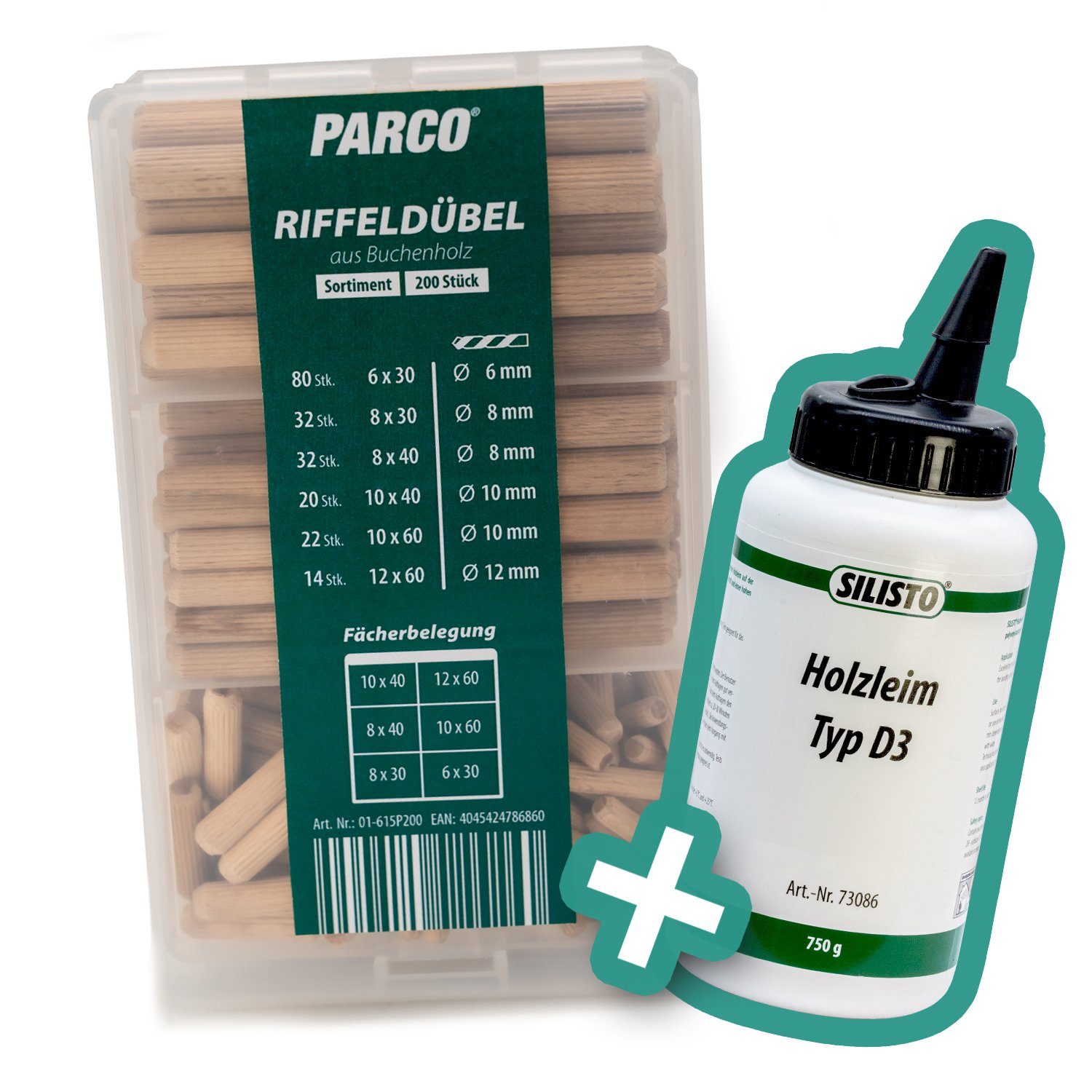 PARCO Dübel-Set PARCO Riffeldübel Sortiment + Holzleim