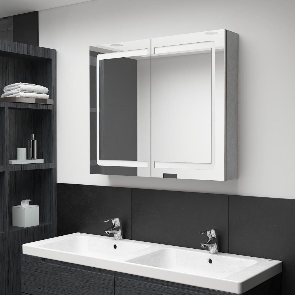vidaXL (1-St) Bad Betongrau Badezimmerspiegelschrank 80x12x68 cm LED-Spiegelschrank fürs