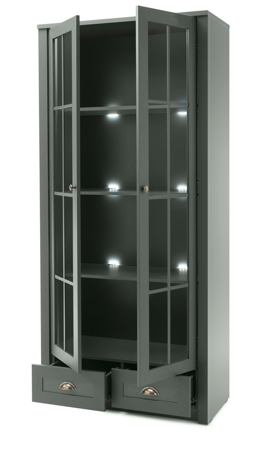 Furn.Design Standvitrine Forres (Vitrinenschrank in Landhaus grün, 2-türig, 90 x 197 cm) mit viel Platz für Dekoration
