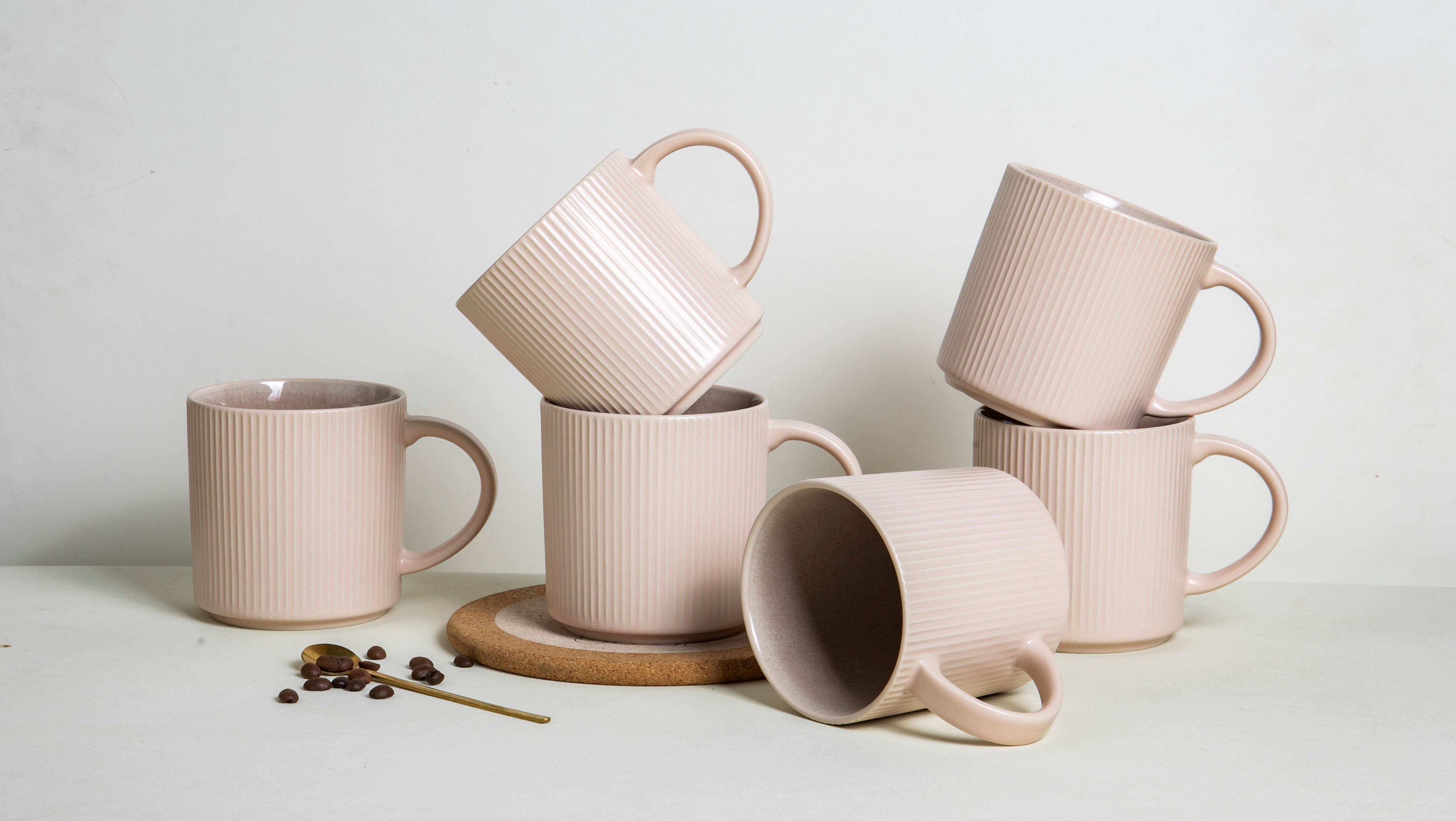 OTTO home Becher Kaffeebecher Ylvii, 6er Set, 6-tlg., Steinzeug, Riffeloptik, spülmaschinenfest und mikrowellengeeignet, 460 ml