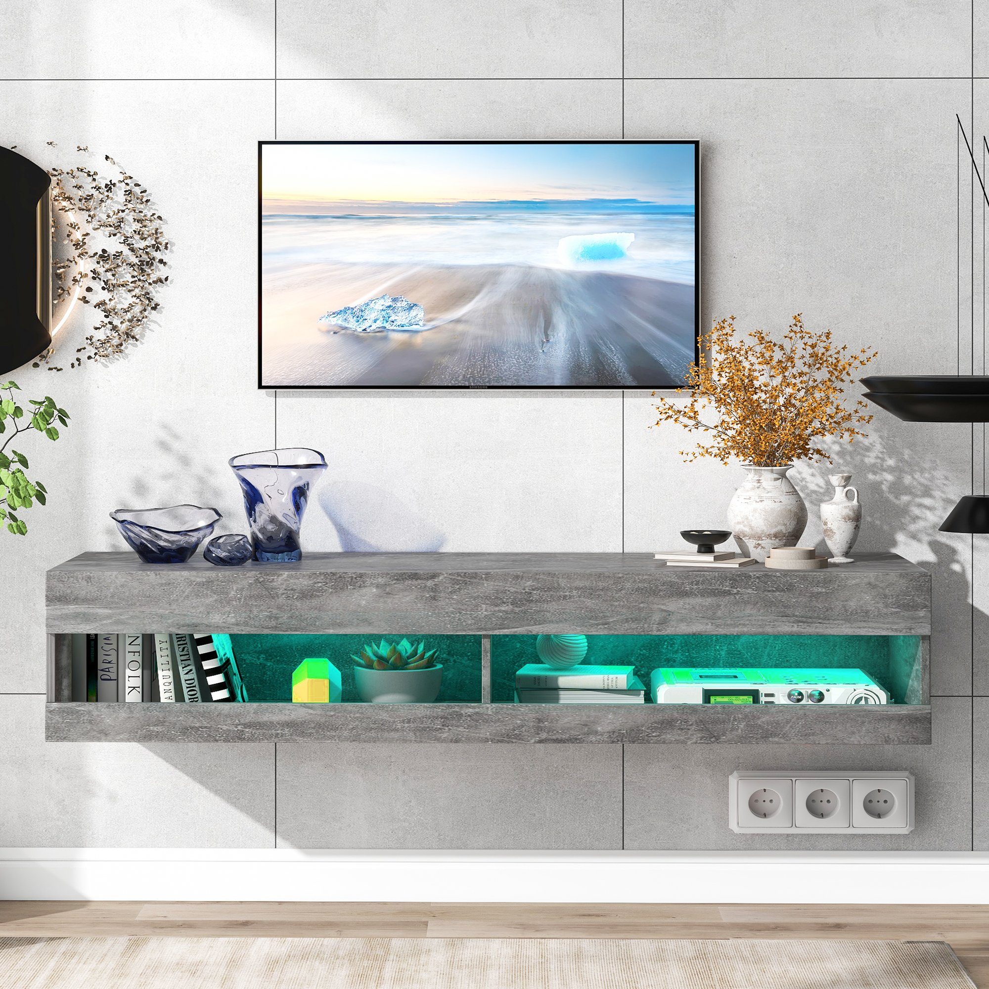 Lowboard, TV-Schrank mit LED-Belechtung, Breite 140 cm, stehend und hängend