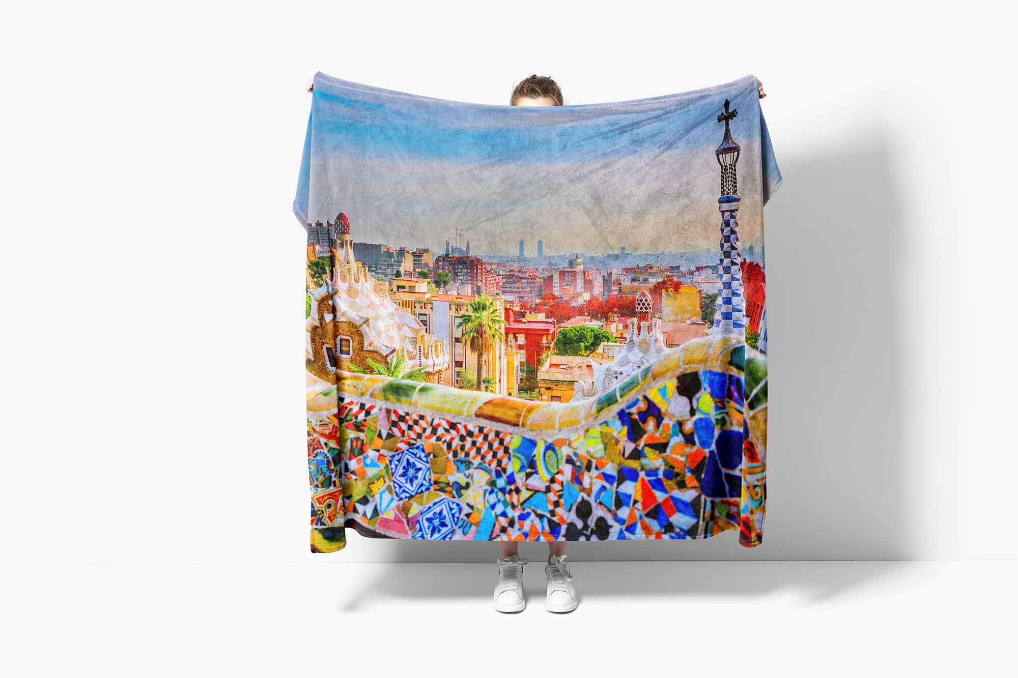 Saunatuch Sinus Fotomotiv Handtuch (1-St), Handtücher Baumwolle-Polyester-Mix Art Kuscheldecke Handtuch Strandhandtuch Hundertw, Barcelona mit