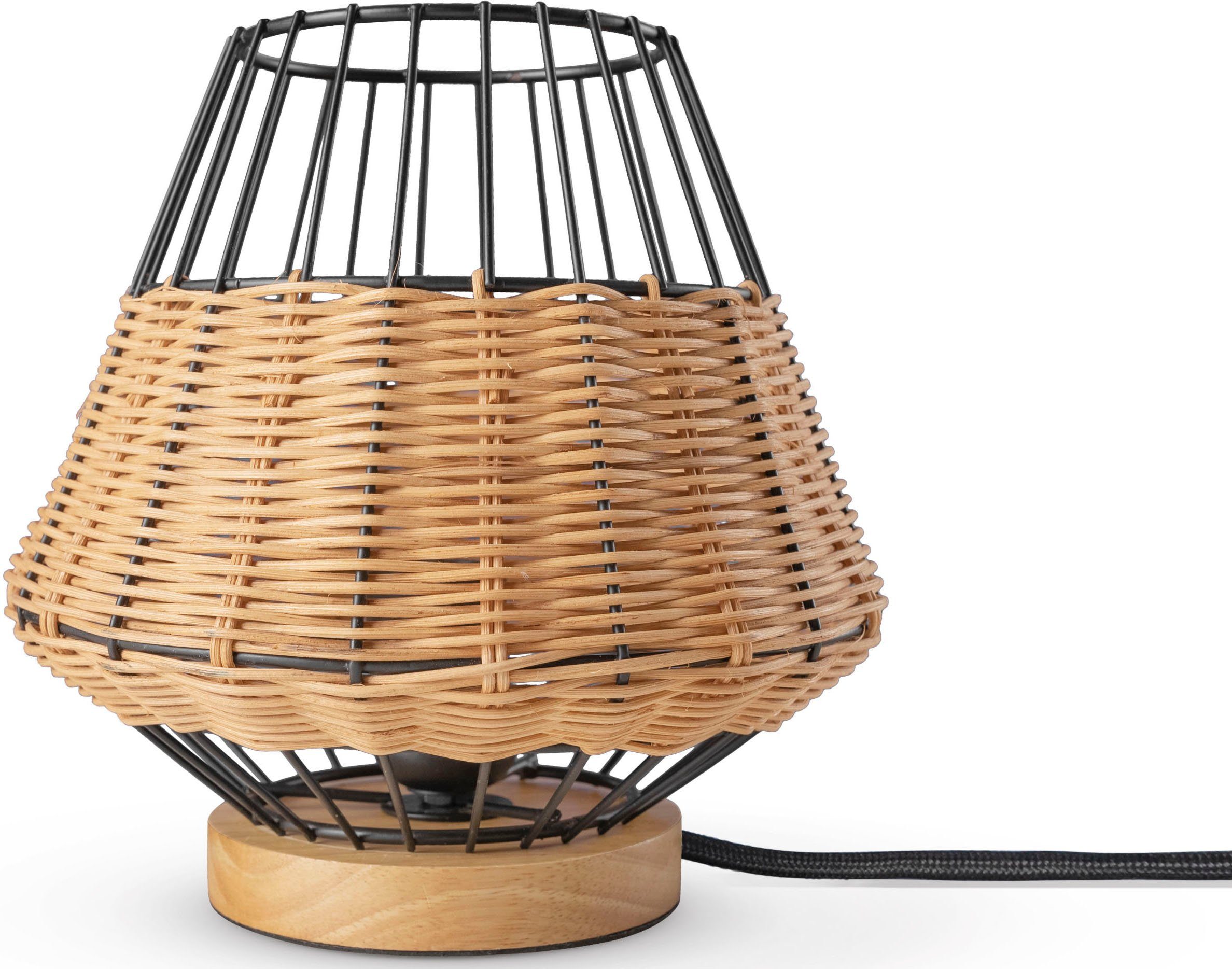 Tischleuchte Style E27 Paco Käfig Holz Rattan PUNTO, Boho Lampe Nacht LED Rustikal ohne Home Leuchtmittel,