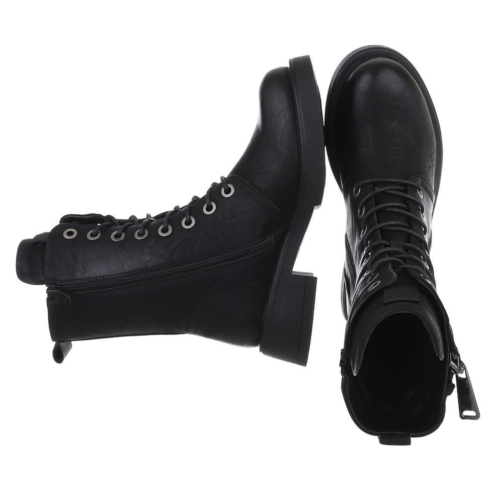 Ital-Design Modischer Damen-Boot mit Reißverschluss und Schnürung Schnürstiefelette (90515097) Blockabsatz Schnürstiefeletten in Schwarz